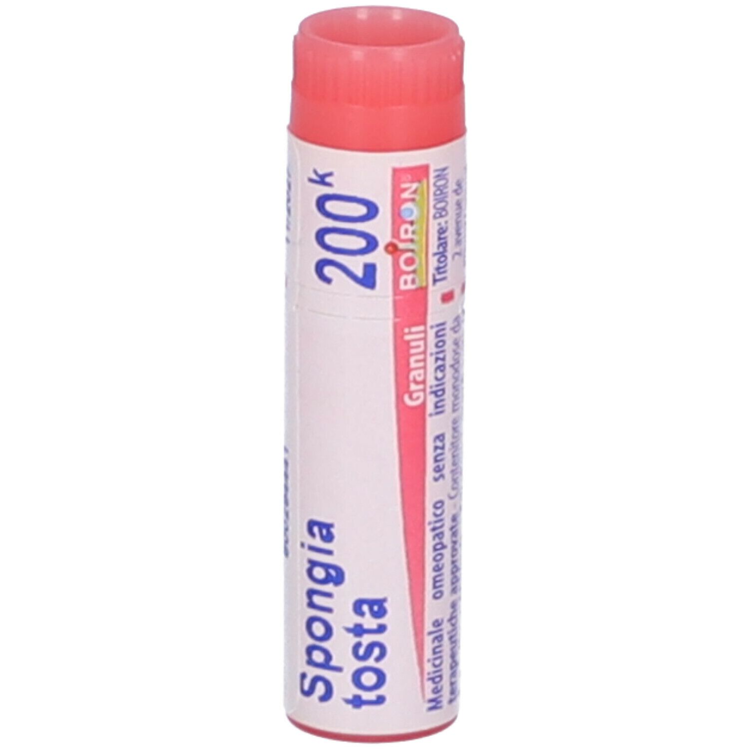 Confezione cilindrica con tappo rosso. Scritta: Spongia tosta, 200k, Boiron Granuli.