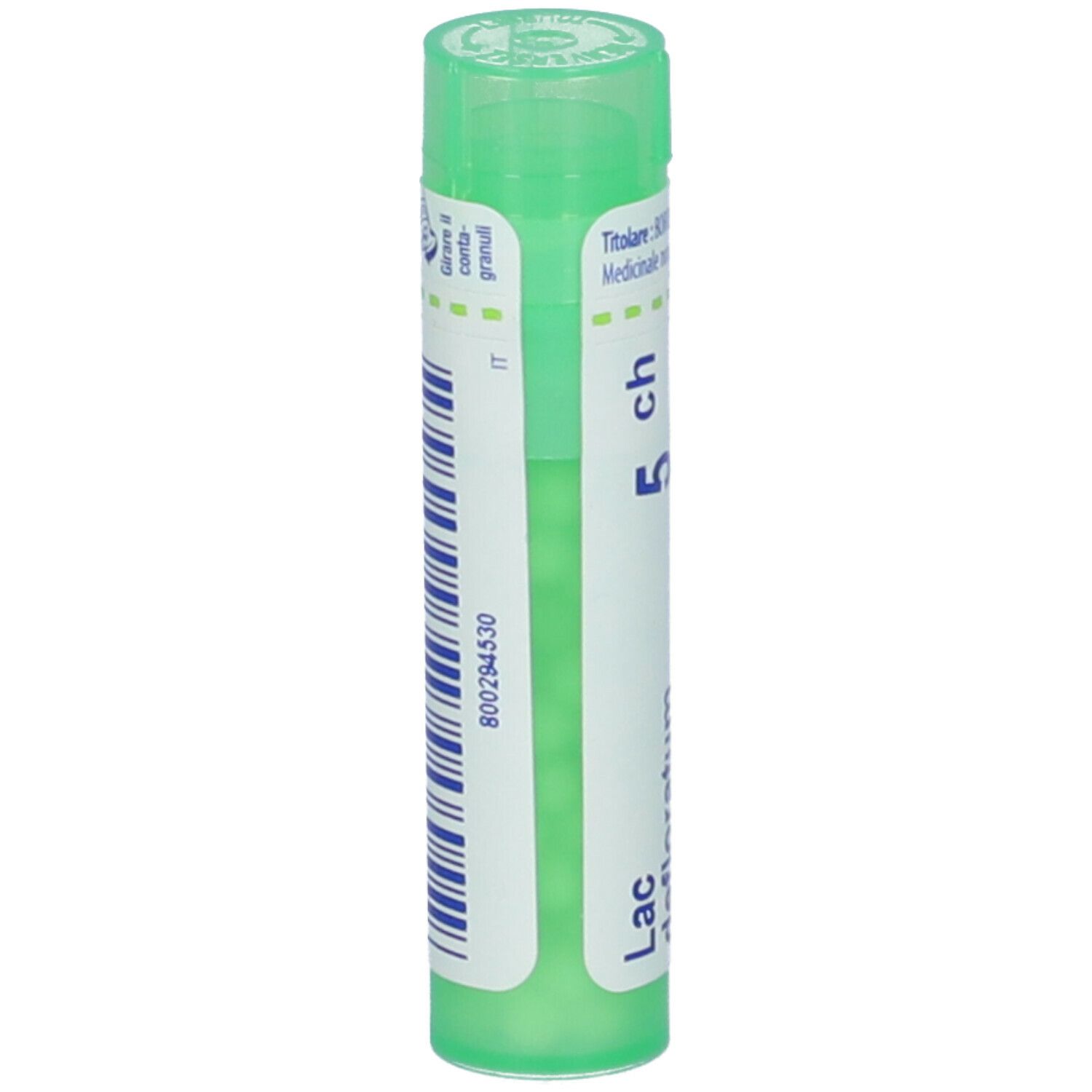 Tubetto verde con etichetta bianca. Scritta: Lac defloratum 5 ch, BOIRON. Codice IT.