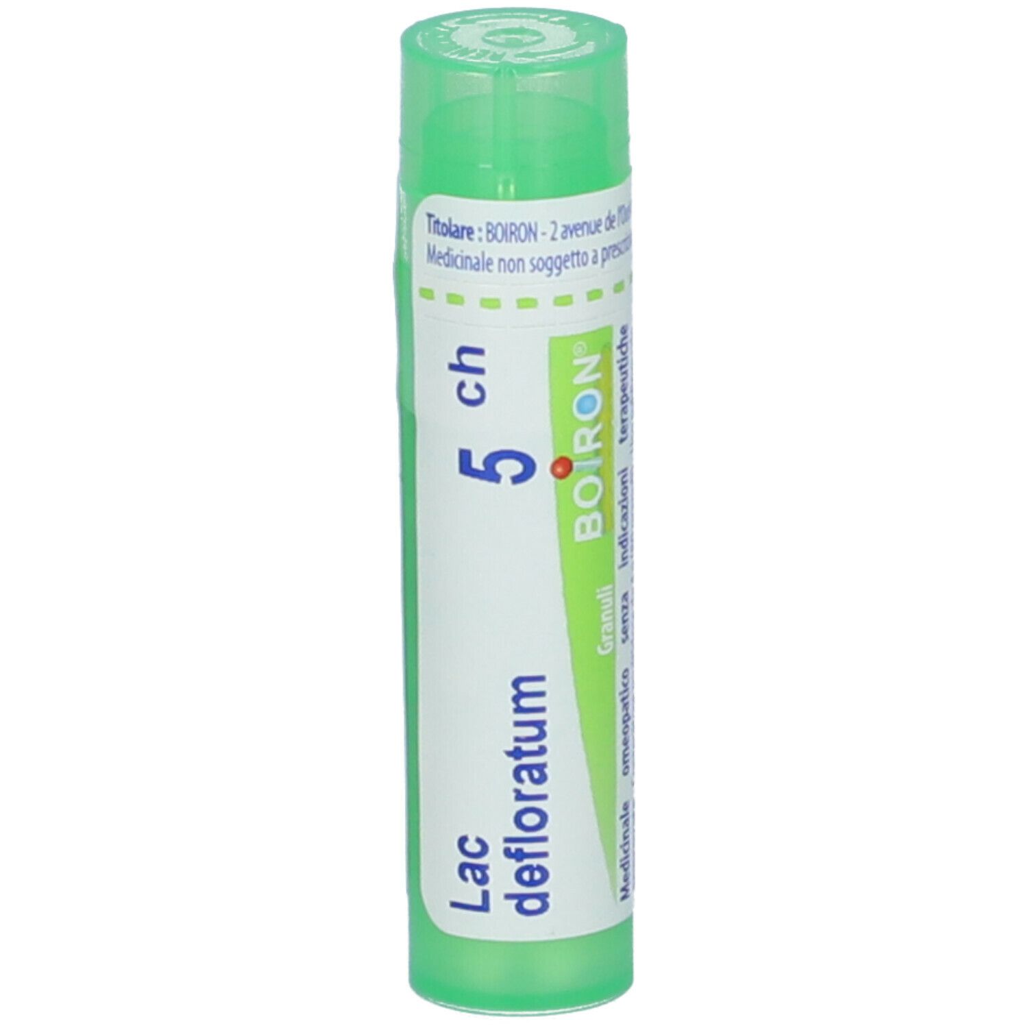 Tubetto verde con etichetta bianca. Scritta: Lac defloratum 5 ch, BOIRON, Granuli.