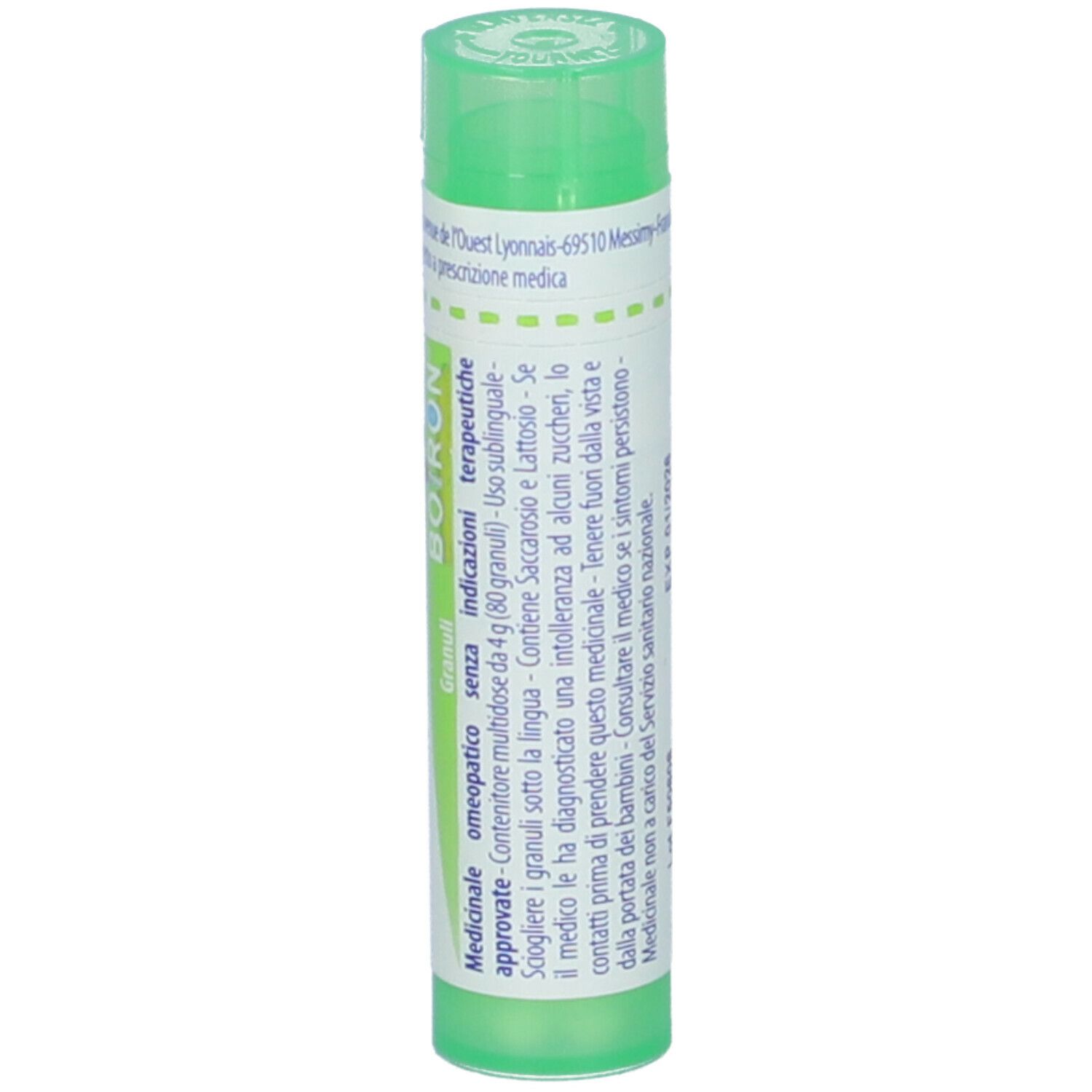 Tubetto verde con etichetta bianca. Scritta: Lac defloratum 5 ch, BOIRON, Granuli.
