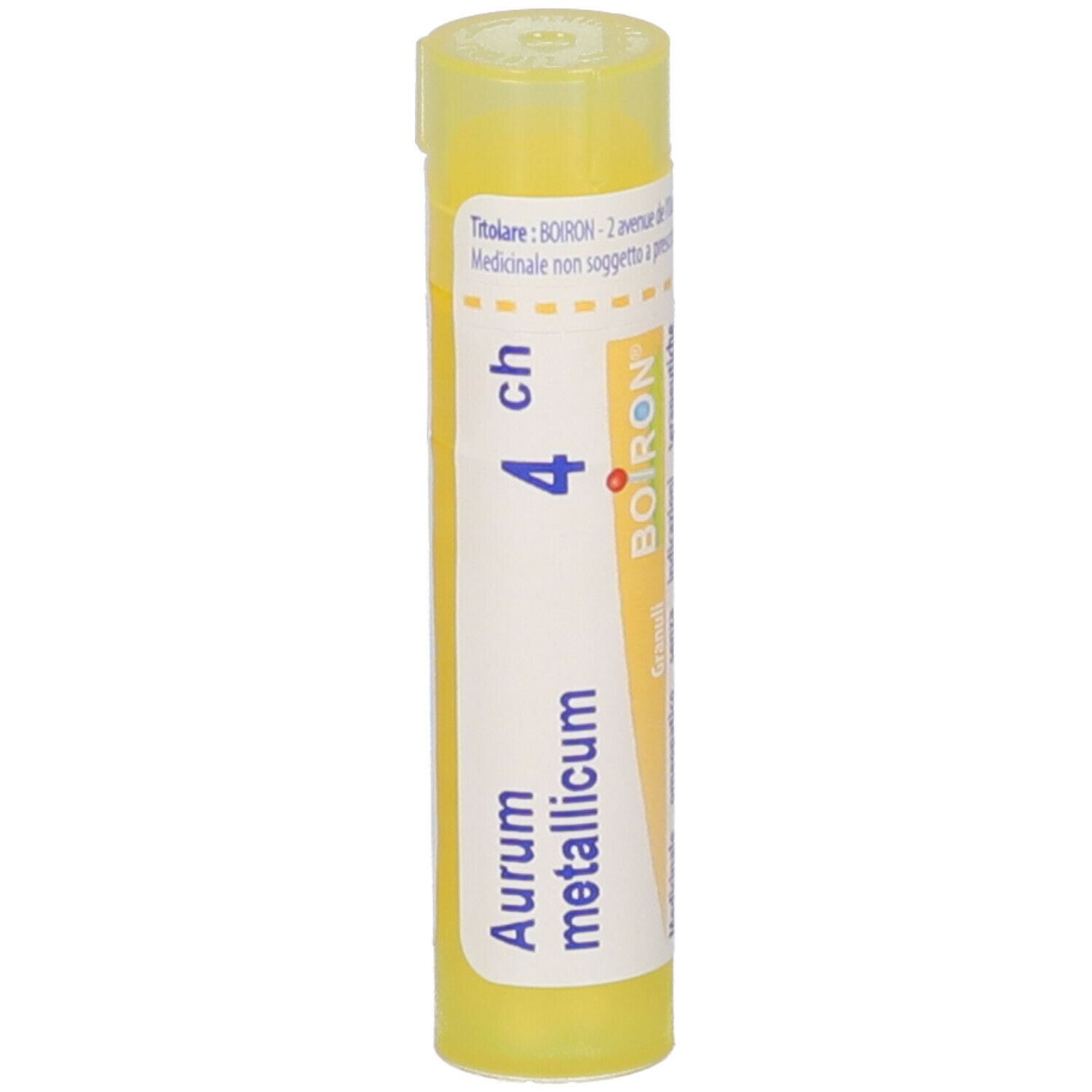 Tubo giallo con scritta Aurum metallicum 4 ch, Boiron. Vista verticale. Tappo giallo.