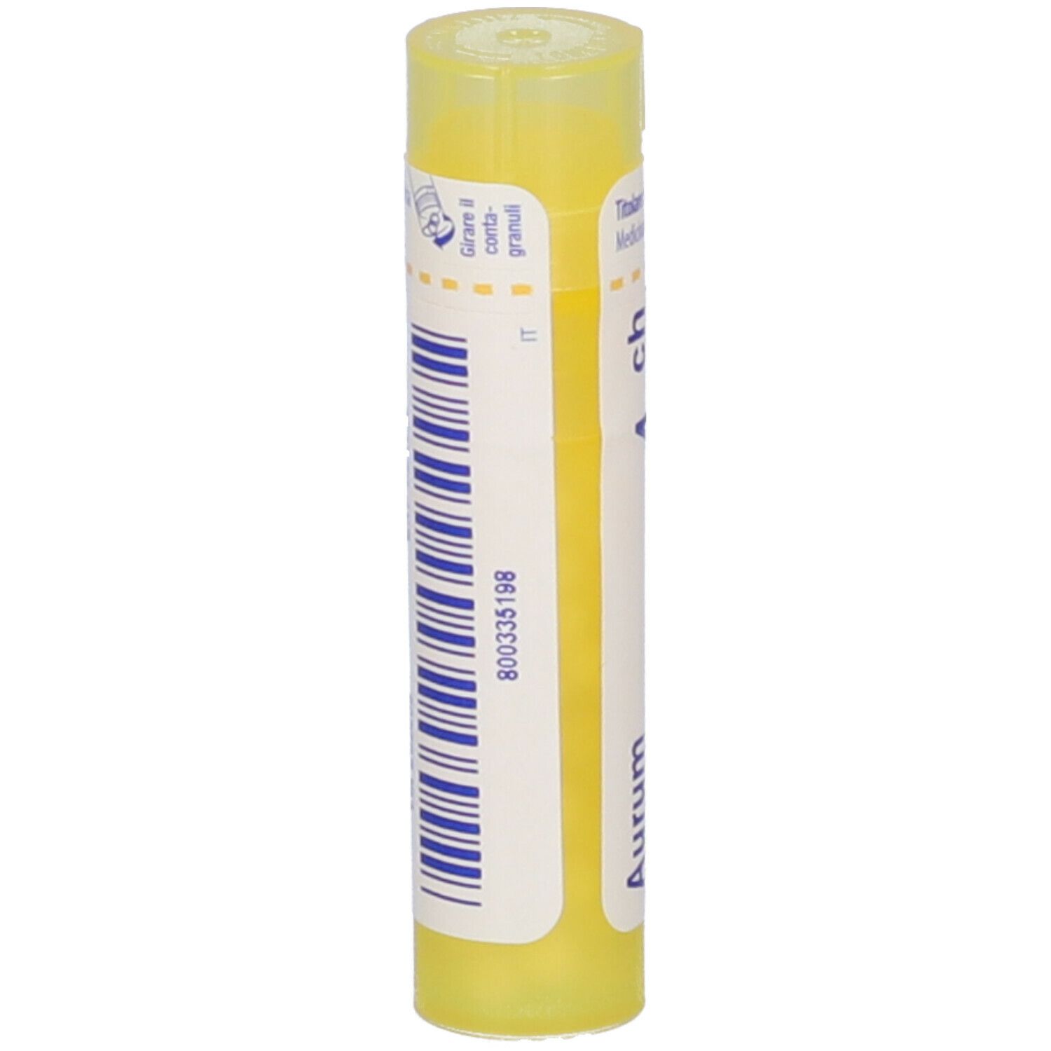 Tubo giallo con scritta Aurum metallicum, 4 ch. Adesivo con codice a barre e altre informazioni.