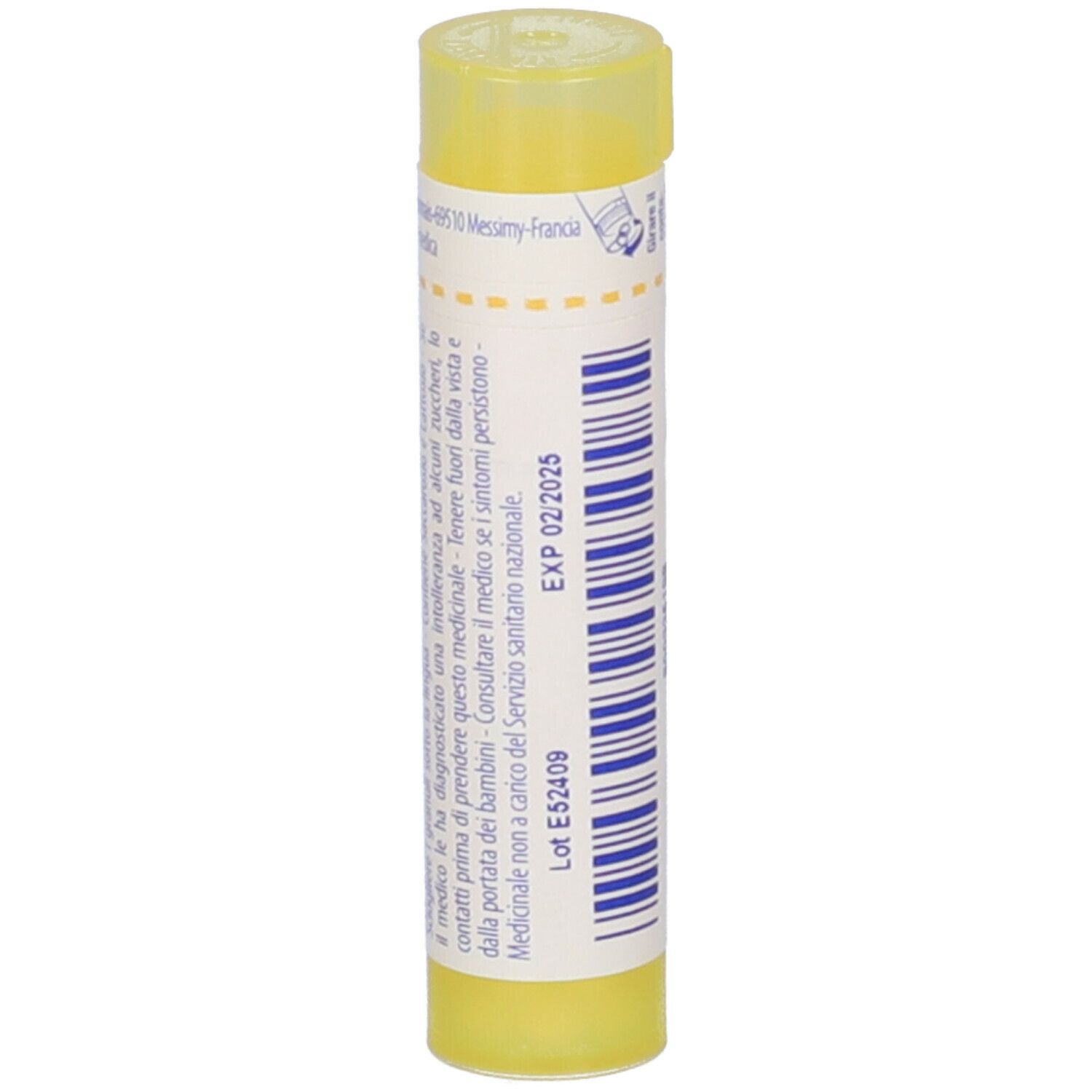 Tubo giallo con stampe. Informazioni sulla data di scadenza e il numero di lotto. Tappo giallo.