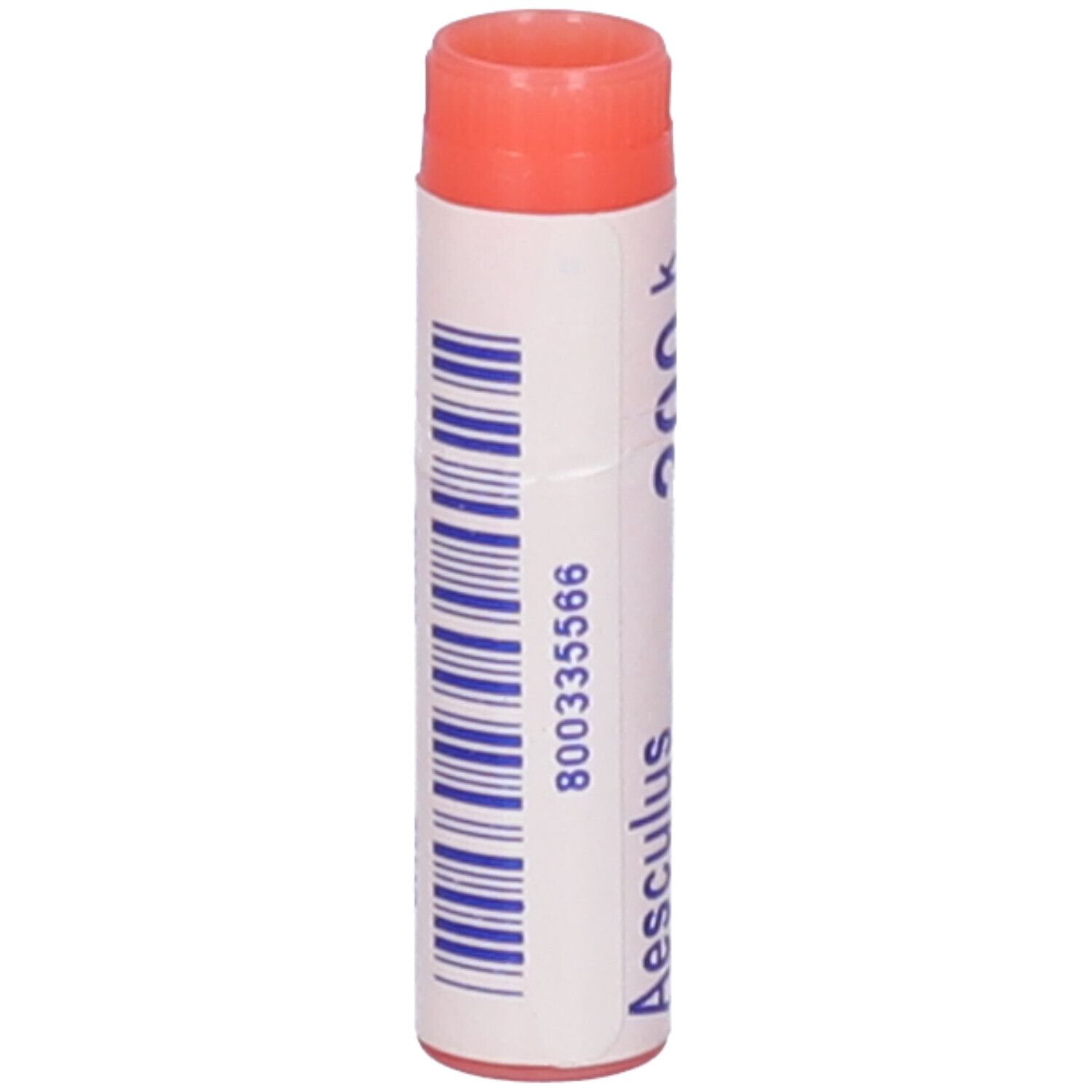 Tubo cilindrico con tappo rosso. Scritta: Aesculus, 800335566. Codice a barre e informazioni.