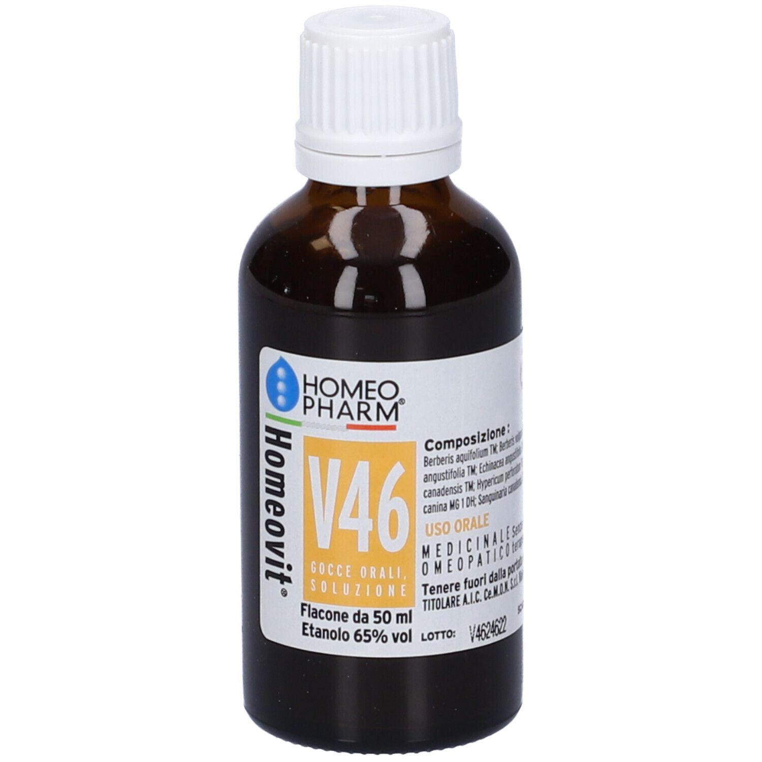 Flacone di vetro marrone con tappo bianco. Scritta: Homeopharm V46. Medicinali. Etichetta.