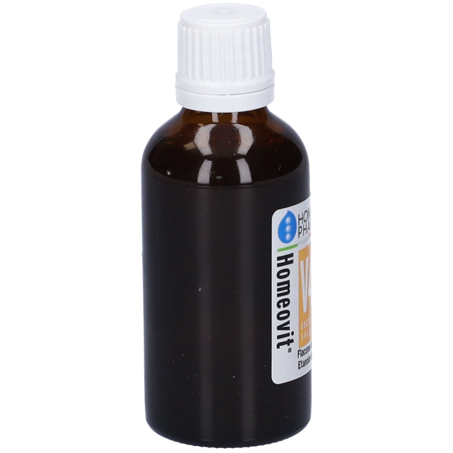 Flacone di vetro marrone con tappo bianco. Scritta: Homeovit V46. Etichetta con ingredienti.