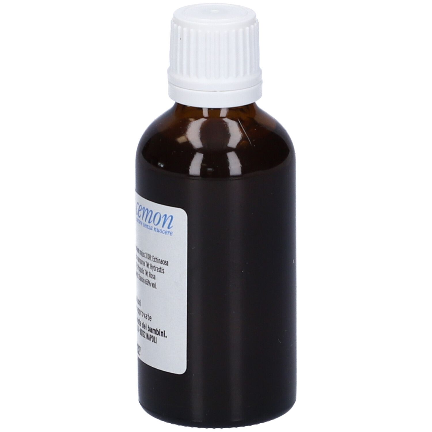 Flacone di vetro marrone con tappo bianco. Scritta: Homeovit V46. Etichetta con ingredienti.