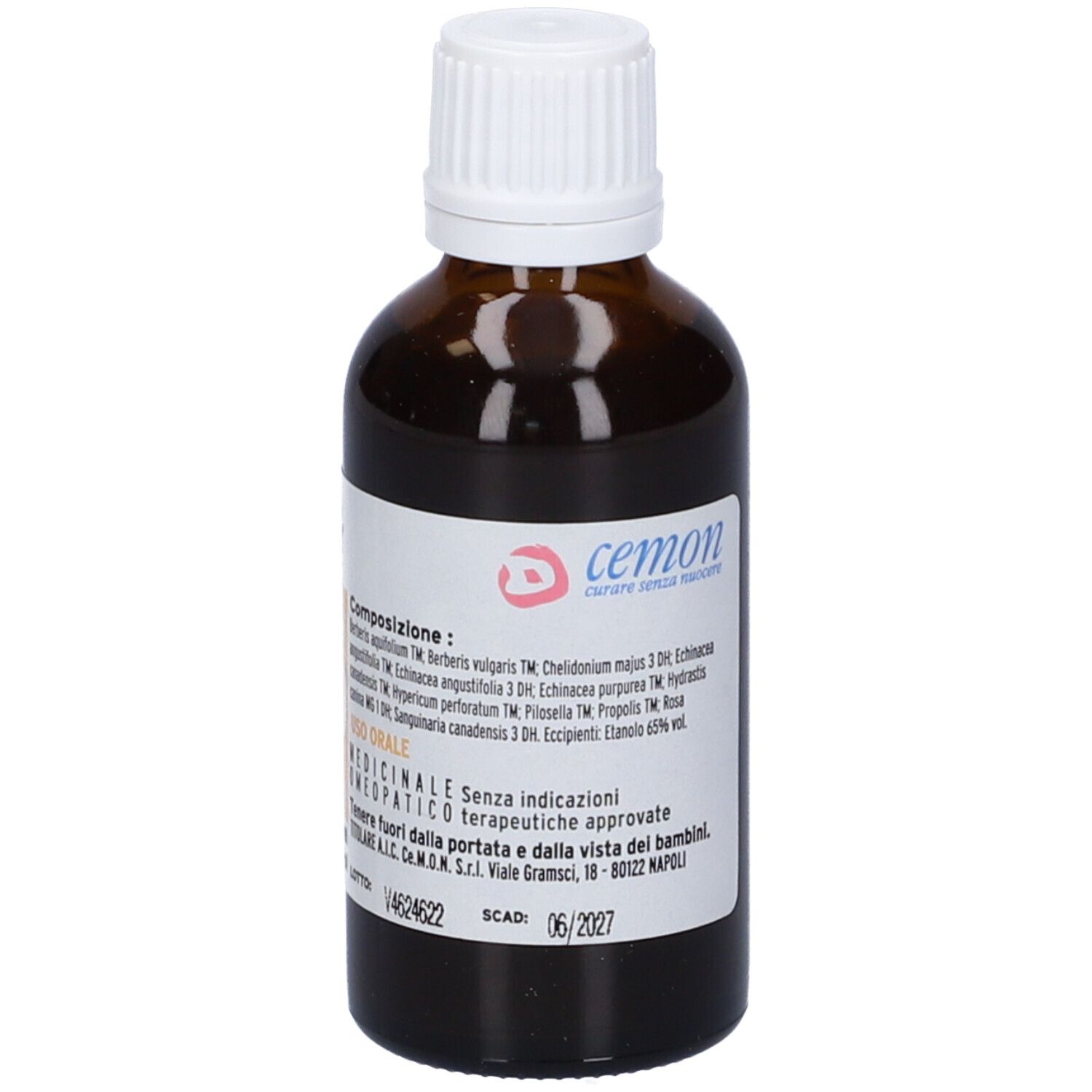 Flacone di vetro marrone con tappo bianco. Scritta: Homeovit V46. Etichetta con ingredienti.