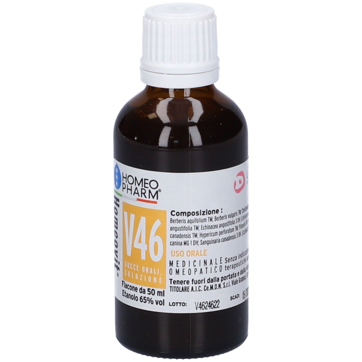 Flacone di vetro marrone con tappo bianco. Scritta: Homeovit V46. Etichetta con ingredienti.