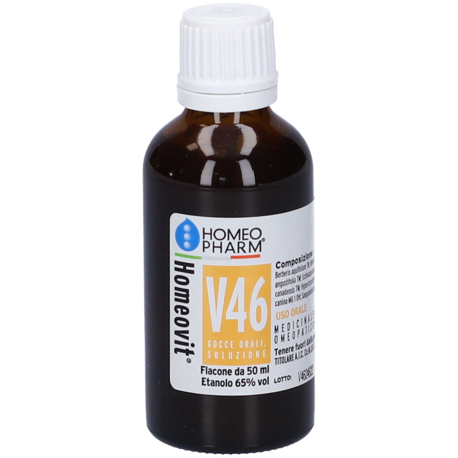 Flacone di vetro marrone con tappo bianco. Scritta: Homeovit V46. Etichetta con ingredienti.