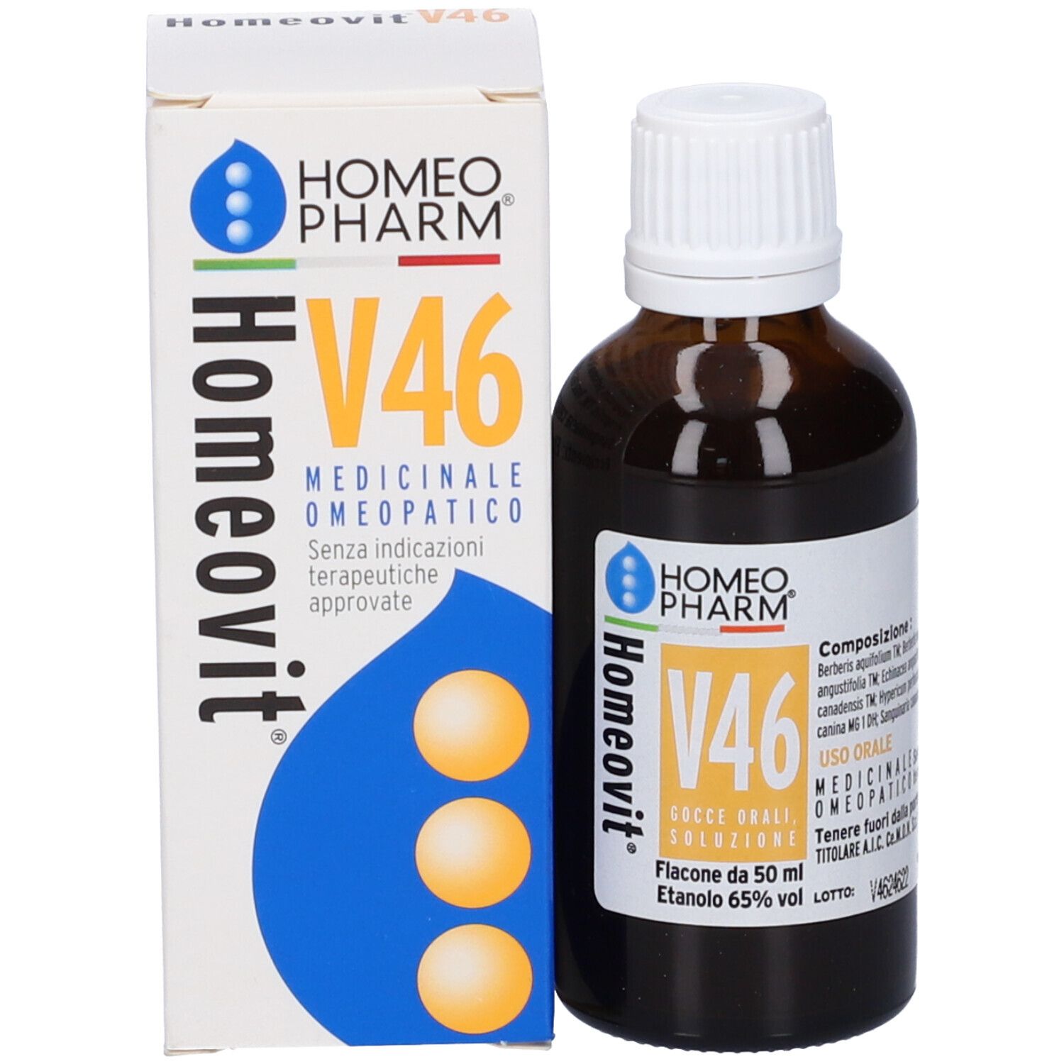 Flacone di vetro marrone con tappo bianco e scatola. Scritta: Homeovit V46. Medicinali.