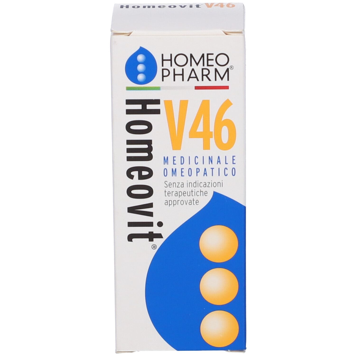 Scatola con scritta: Homeovit V46. Medicinali. Scritta gialla su sfondo blu.