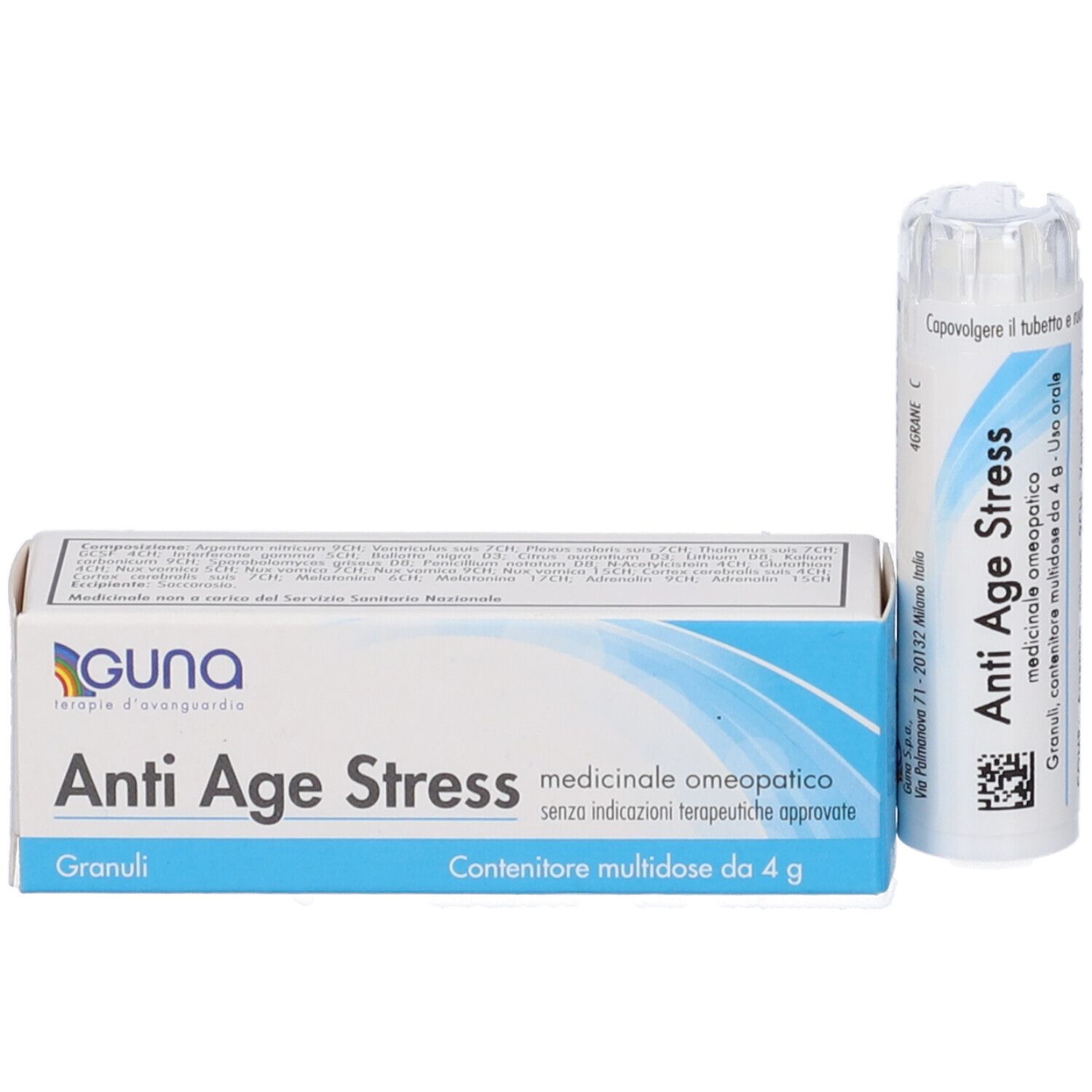Confezione e flacone. Confezione: blu e bianca, nome prodotto: Anti Age Stress. Flacone: bianco, tappo trasparente.