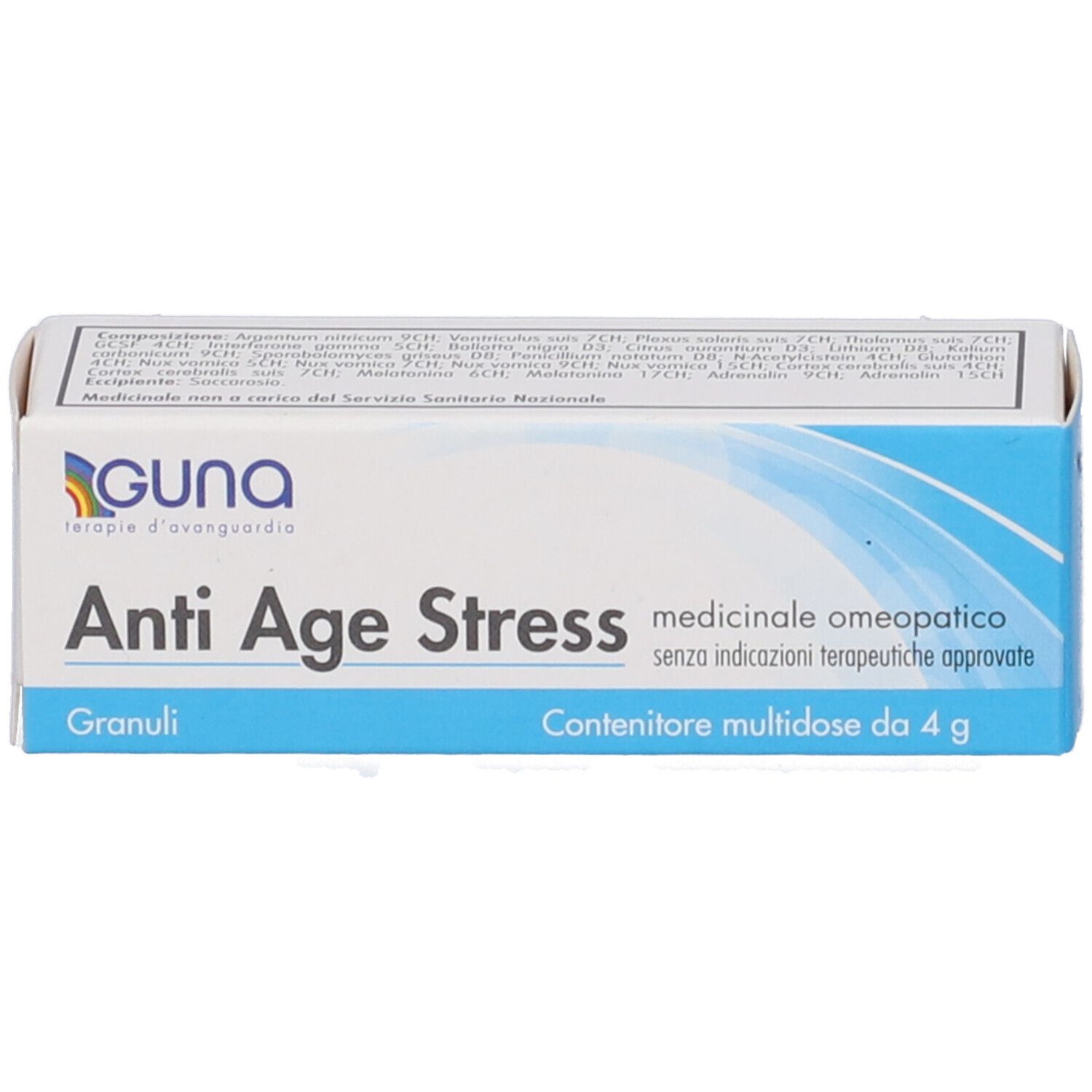 Confezione blu e bianca. Nome prodotto: Anti Age Stress. Testo: Granuli, Contenitore multidose da 4 g.