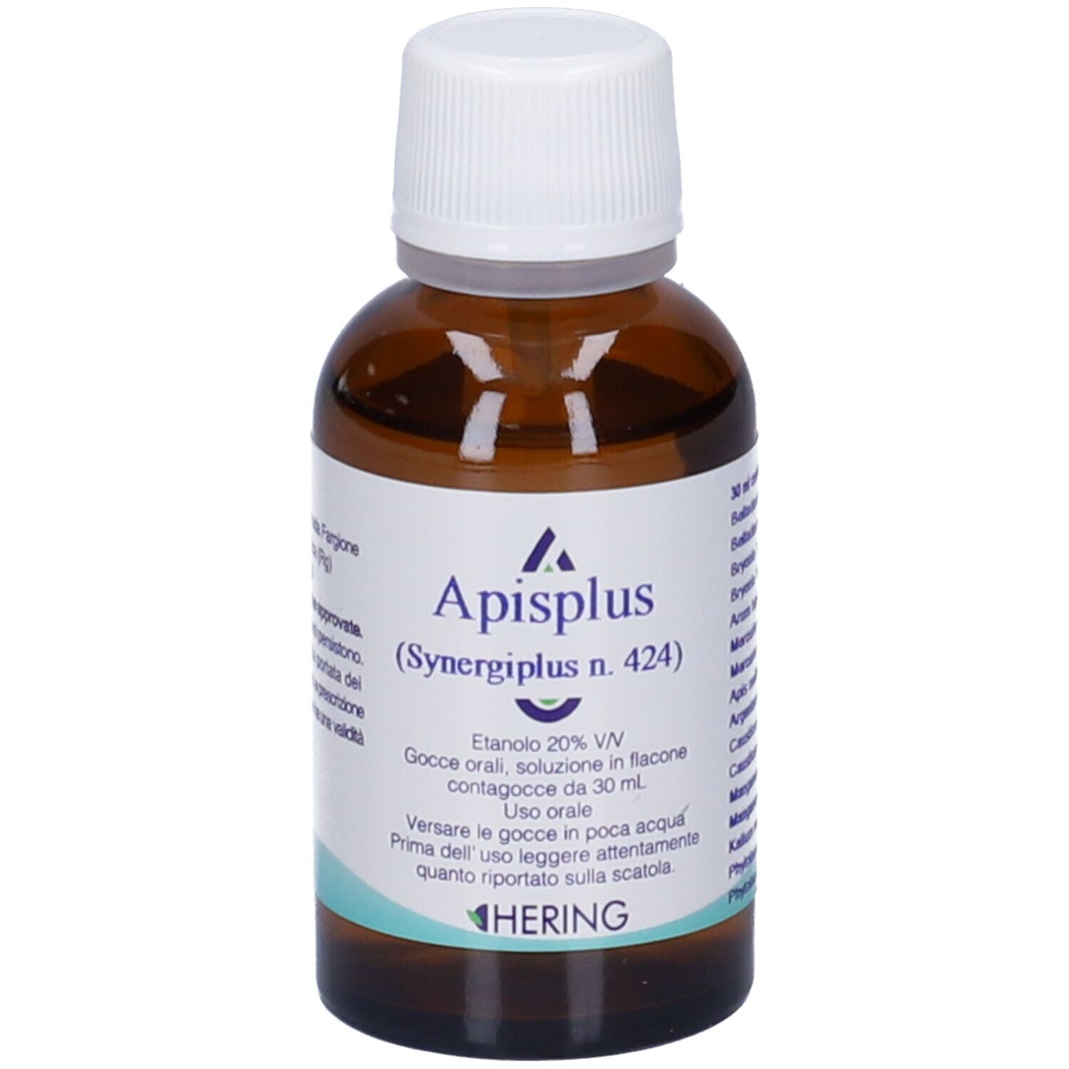 Flacone di vetro marrone con tappo bianco. L'etichetta indica "Apisplus (Synergiplus n. 424)".