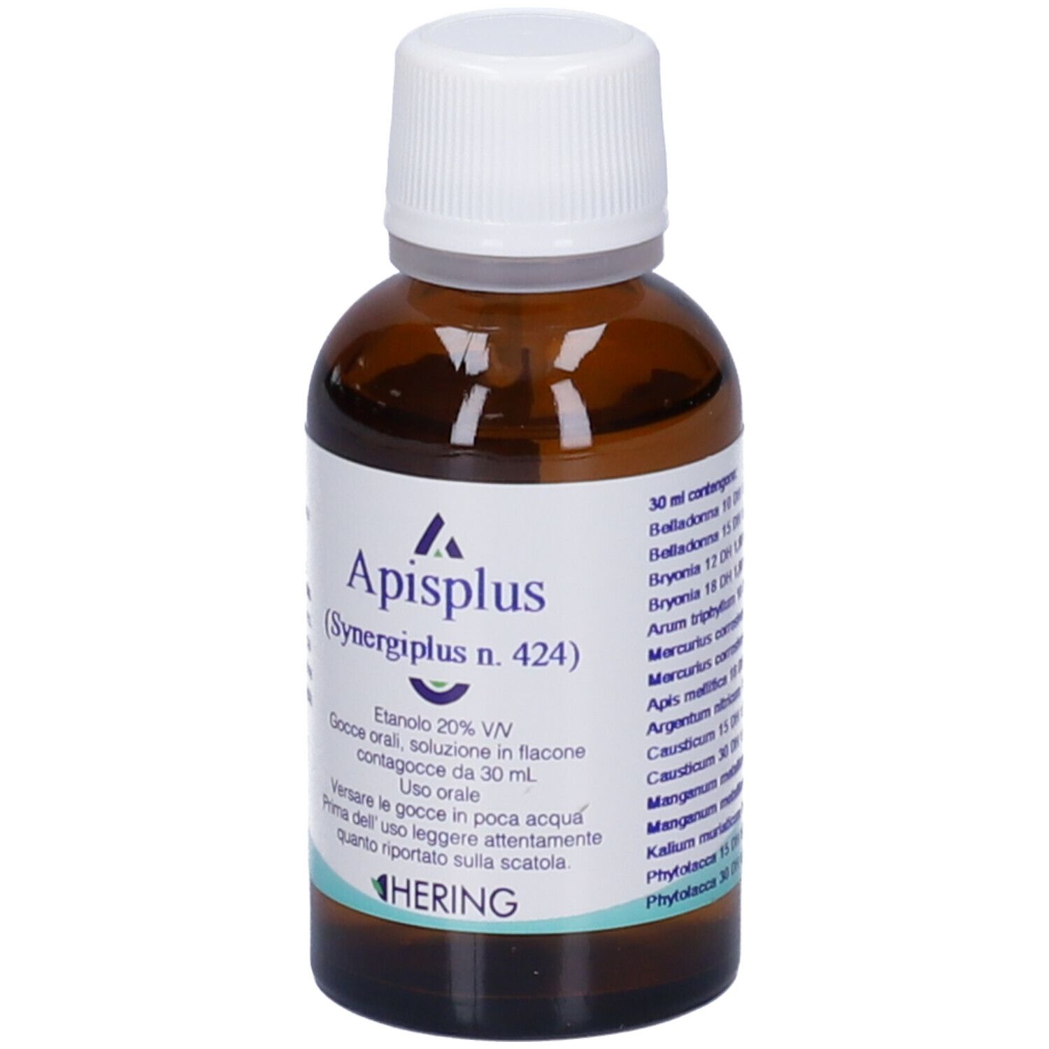 Flacone di vetro marrone con tappo bianco. L'etichetta indica "Apisplus (Synergiplus n. 424)".