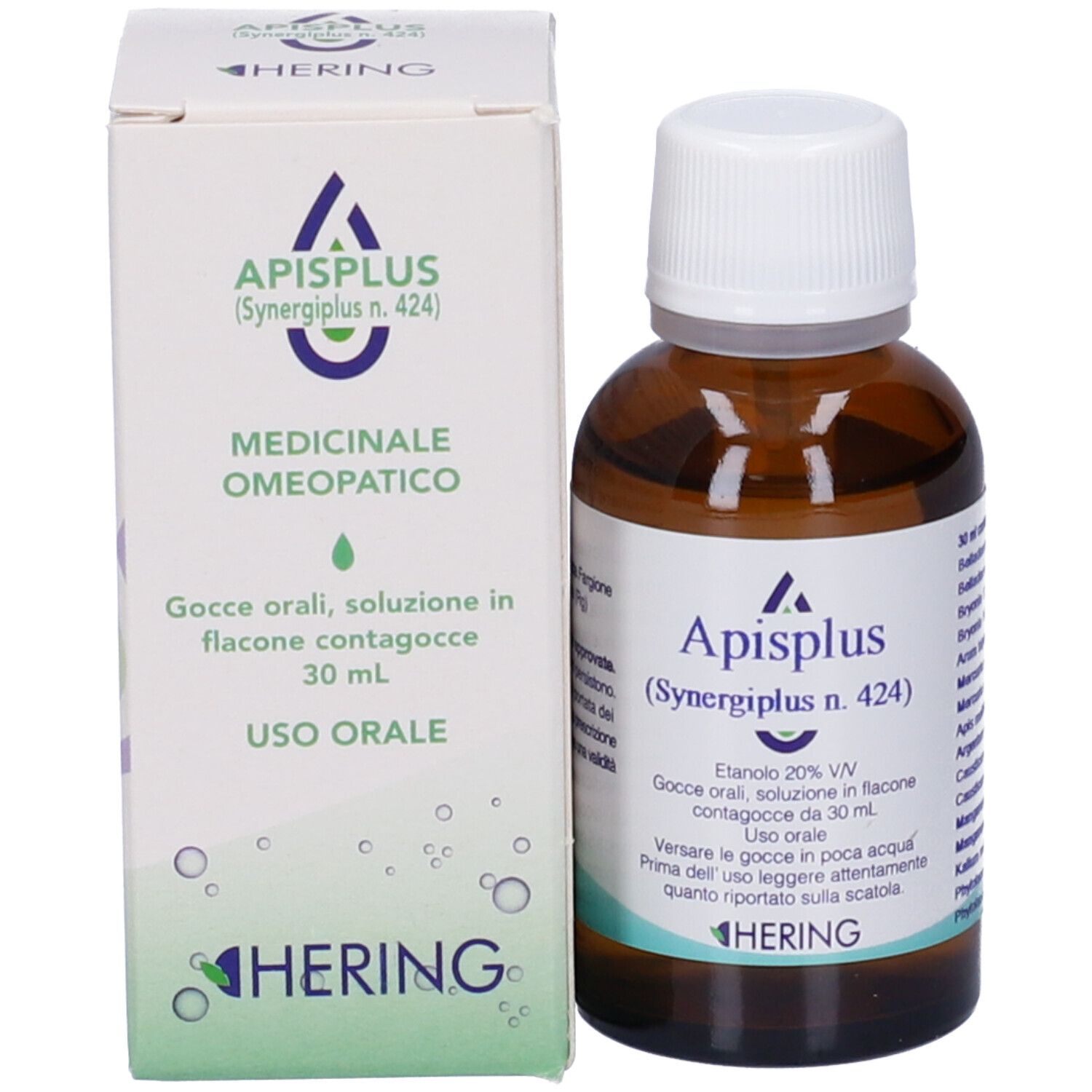 Flacone di vetro e scatola. Sulla scatola c'è scritto "Apisplus (Synergiplus n. 424)".