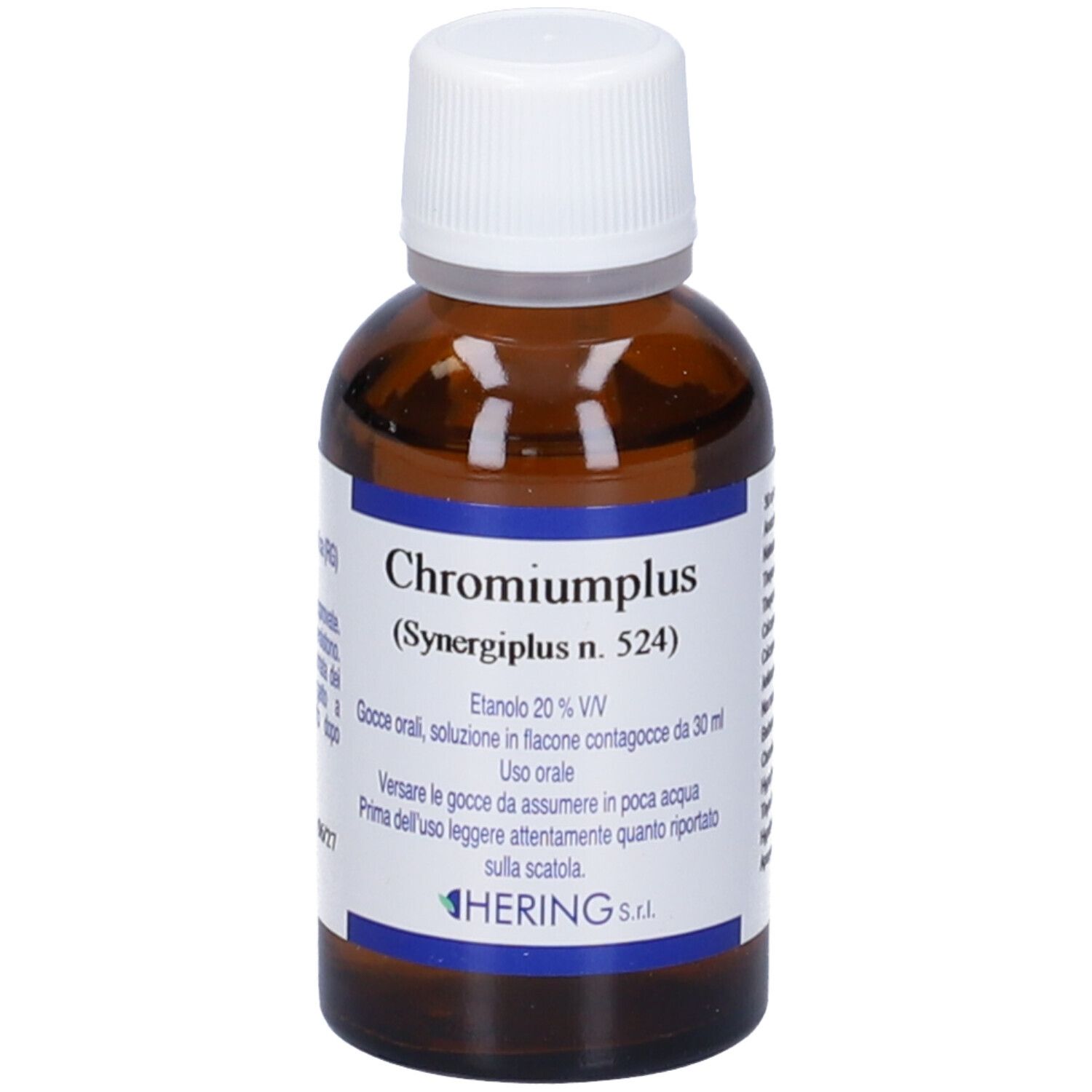 Flacone di vetro marrone con tappo bianco. L'etichetta indica 'Chromiumplus (Synergipus n. 524)' e altre informazioni.