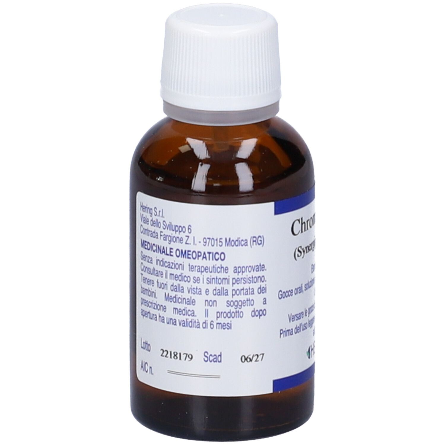 Flacone di vetro marrone con tappo bianco. L'etichetta indica 'Chromiumplus (Synergipus n. 524)' e altre informazioni.