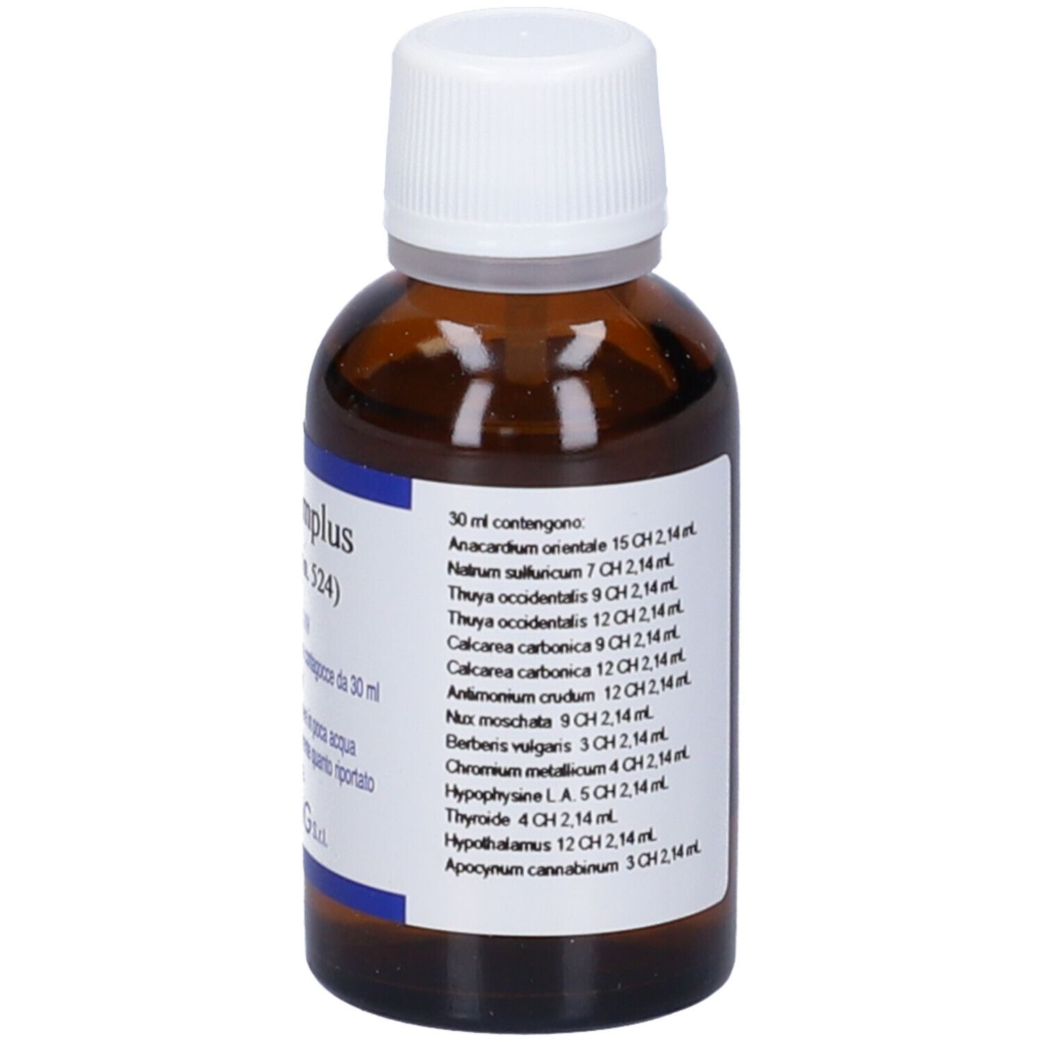 Flacone di vetro marrone con tappo bianco. L'etichetta indica 'Chromiumplus (Synergipus n. 524)' e altre informazioni.