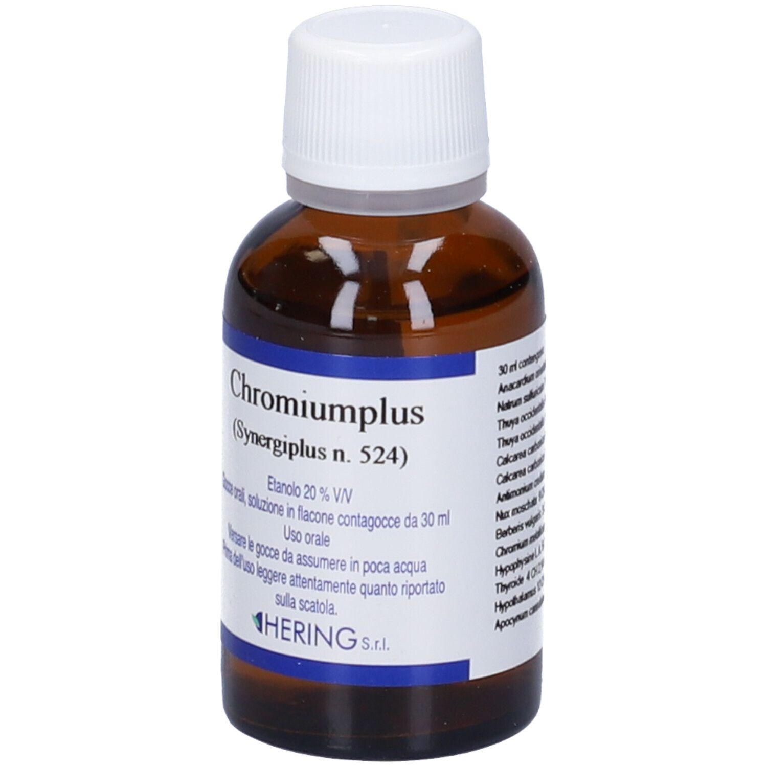 Flacone di vetro marrone con tappo bianco. L'etichetta indica 'Chromiumplus (Synergipus n. 524)' e altre informazioni.