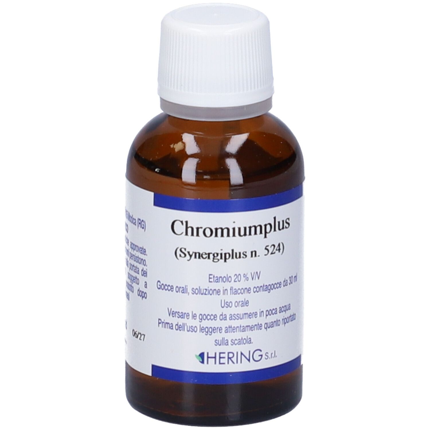 Flacone di vetro marrone con tappo bianco. L'etichetta indica 'Chromiumplus (Synergipus n. 524)' e altre informazioni.
