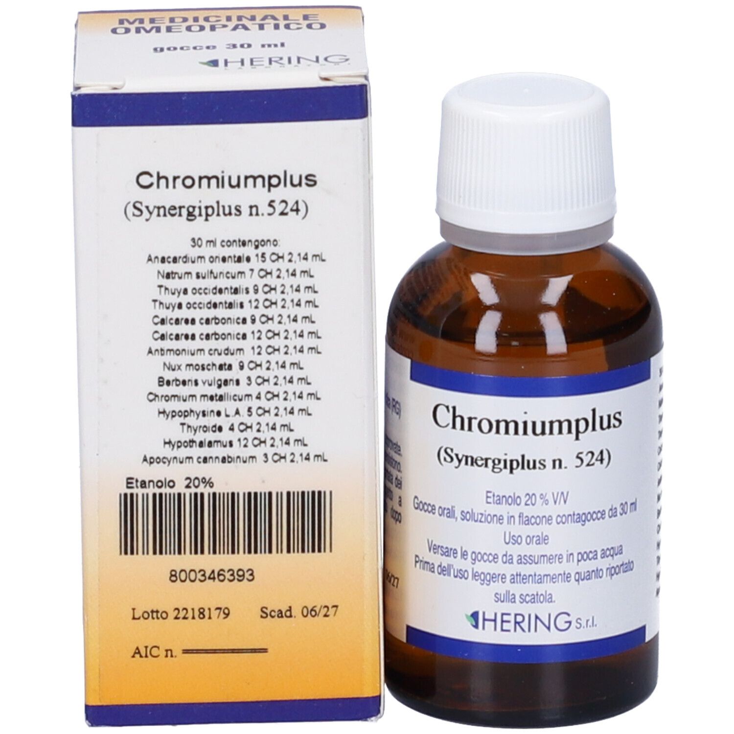 Flacone di vetro marrone e scatola. La scatola indica 'Chromiumplus (Synergipus n. 524)' e altre informazioni.