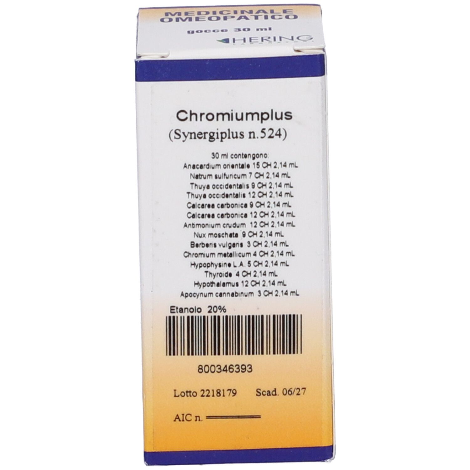 Scatola con testo. La scatola indica 'Chromiumplus (Synergipus n. 524)' e altre informazioni.