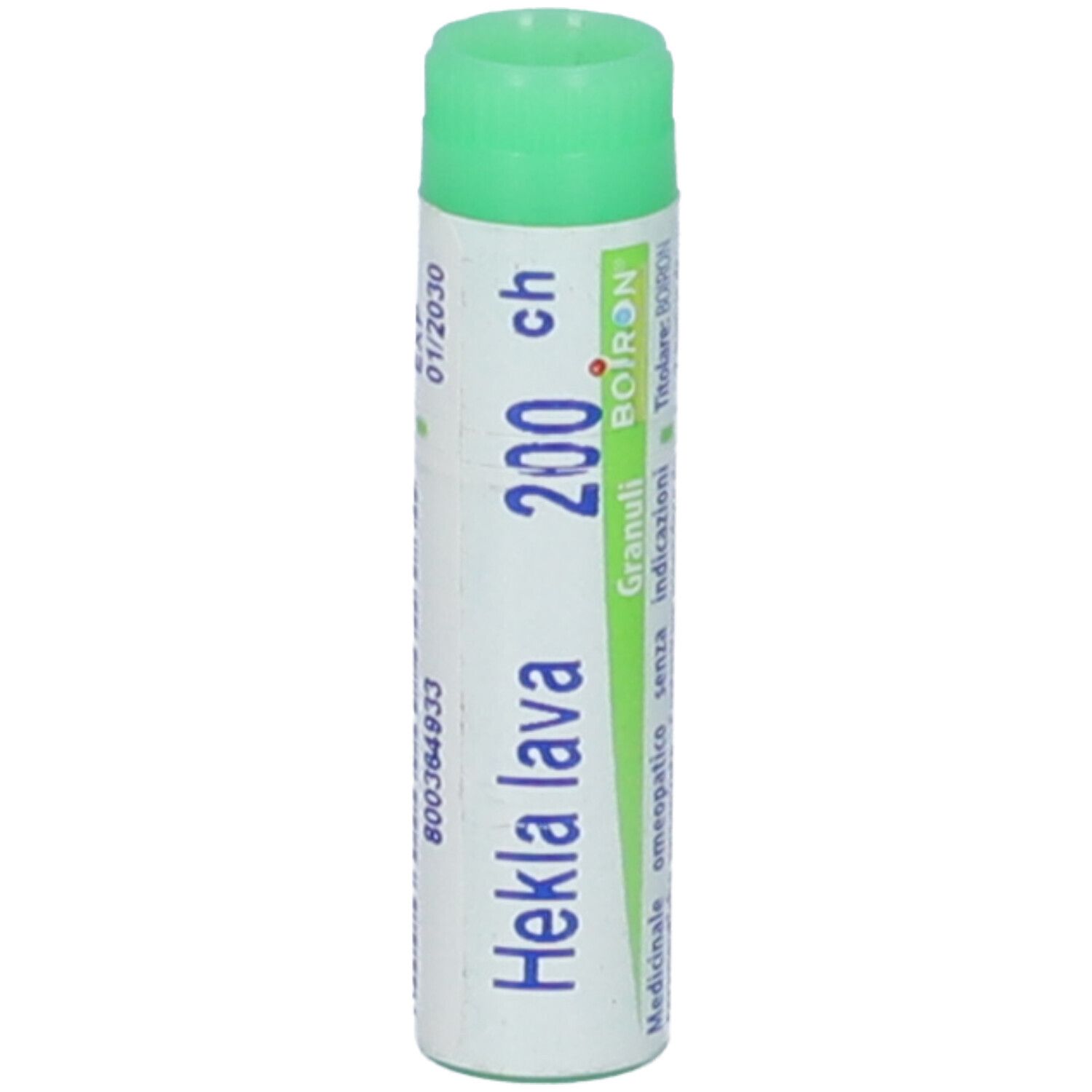Tubo cilindrico con tappo verde. Scritta: Hekla lava 200 ch, Boiron, EXP 01/2030.