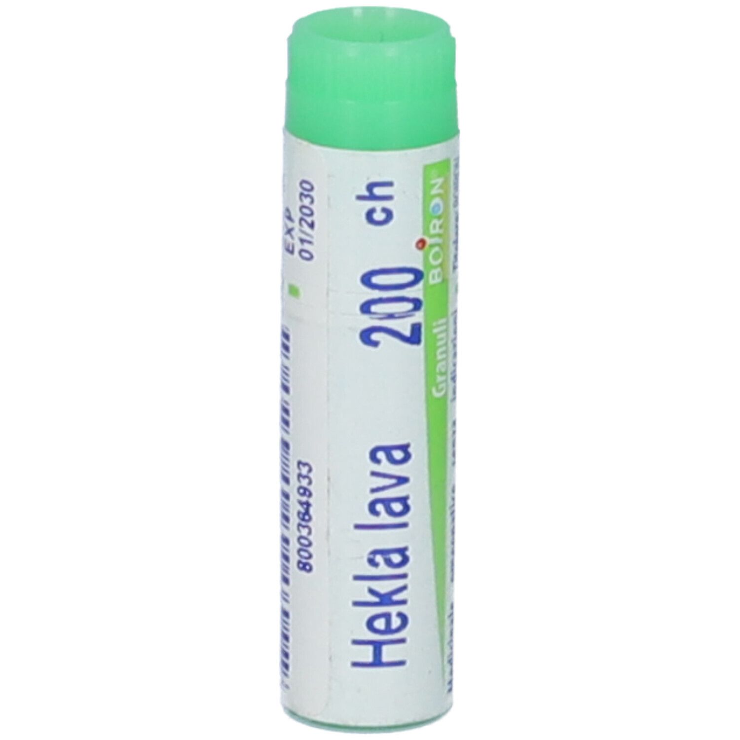 Tubo cilindrico con tappo verde. Scritta: Hekla lava 200 ch, Boiron, EXP 01/2030.