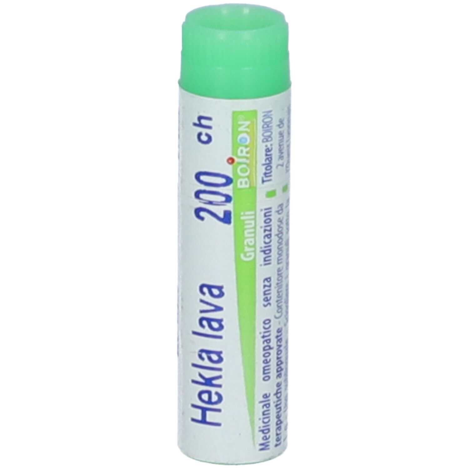 Tubo cilindrico con tappo verde. Scritta: Hekla lava 200 ch, Boiron, Granuli.