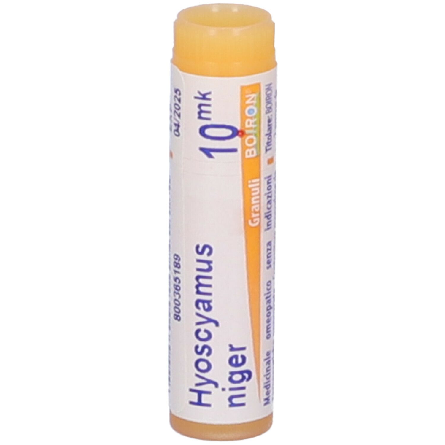 Confezione cilindrica con "Hyoscyamus niger 10 mk" e logo Boiron. Scadenza 04/2025.