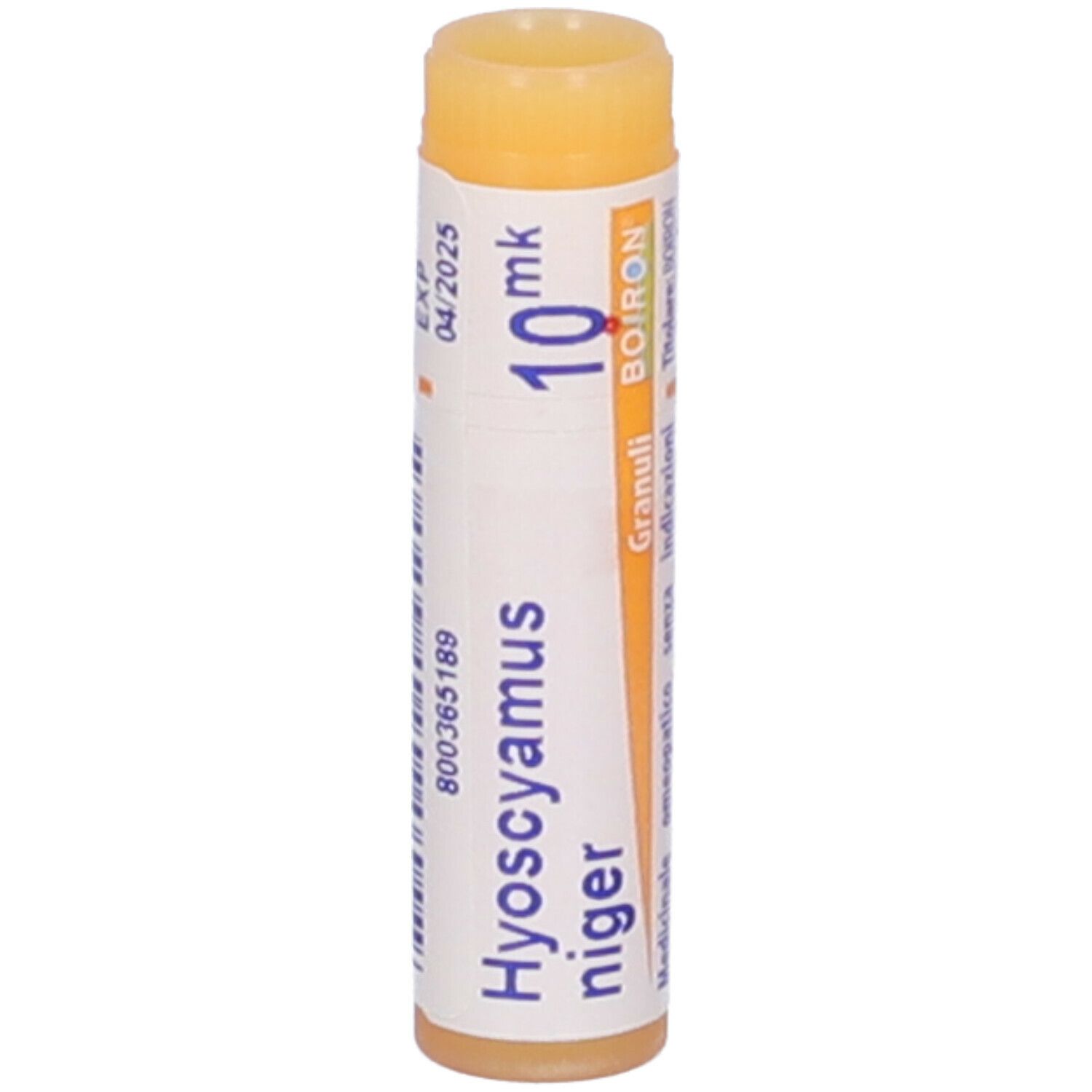 Confezione cilindrica con "Hyoscyamus niger 10 mk" e logo Boiron. Scadenza 04/2025.