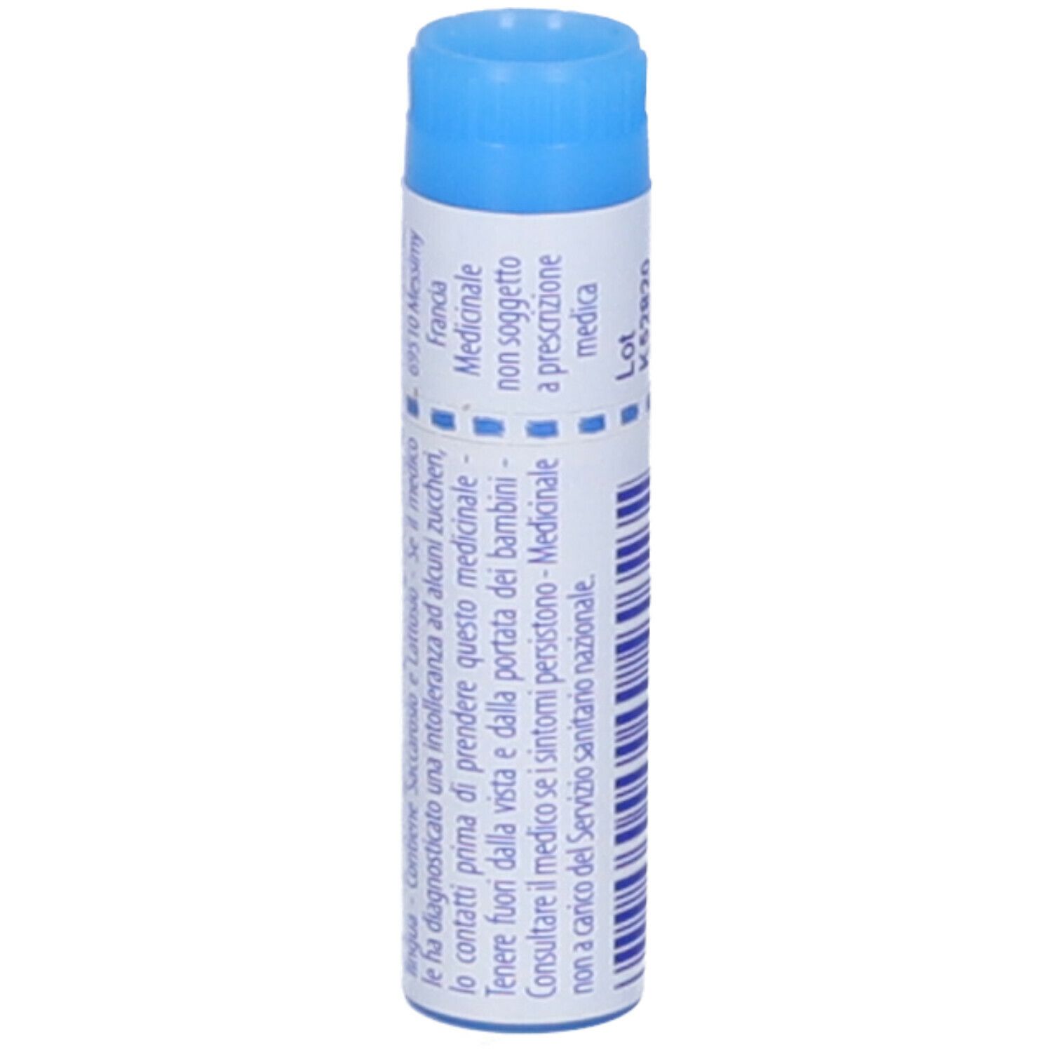 Confezione cilindrica con tappo blu. Scritta: Hypericum perforatum, 9 ch, Granuli. Testo in italiano.