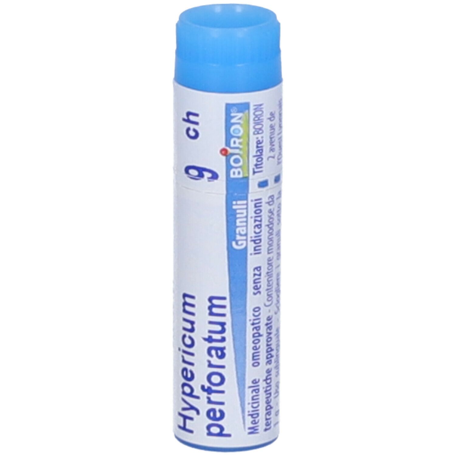 Confezione cilindrica con tappo blu. Scritta: Hypericum perforatum, 9 ch, Granuli, Boiron. Testo in italiano.