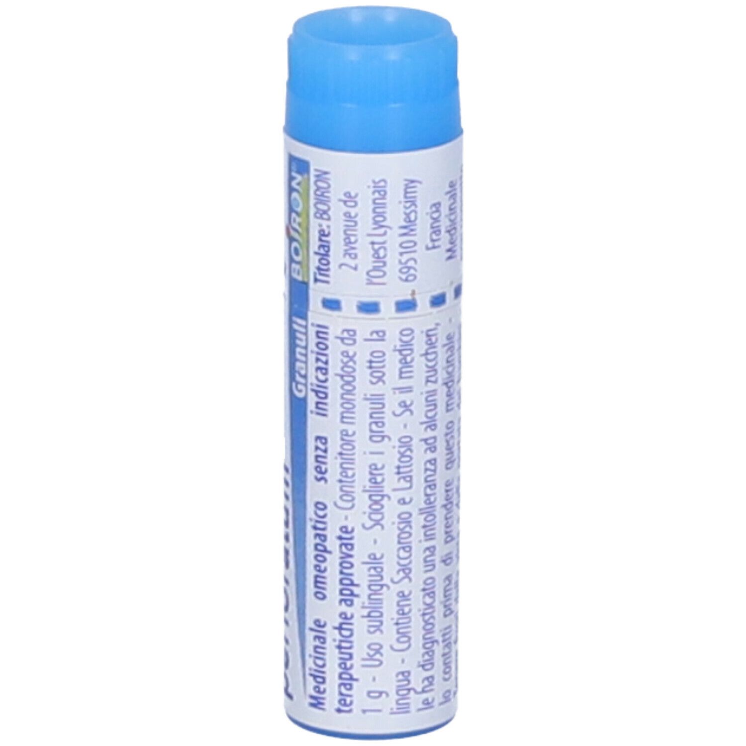 Confezione cilindrica con tappo blu. Scritta: Hypericum perforatum, 9 ch, Granuli, Boiron. Testo in italiano.