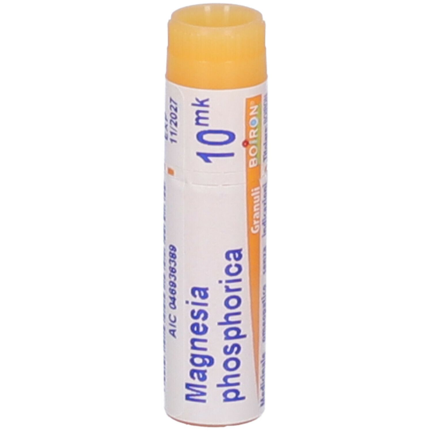 Confezione cilindrica con "Magnesia phosphorica 10 mk Granuli" e logo Boiron. Tappo arancione.