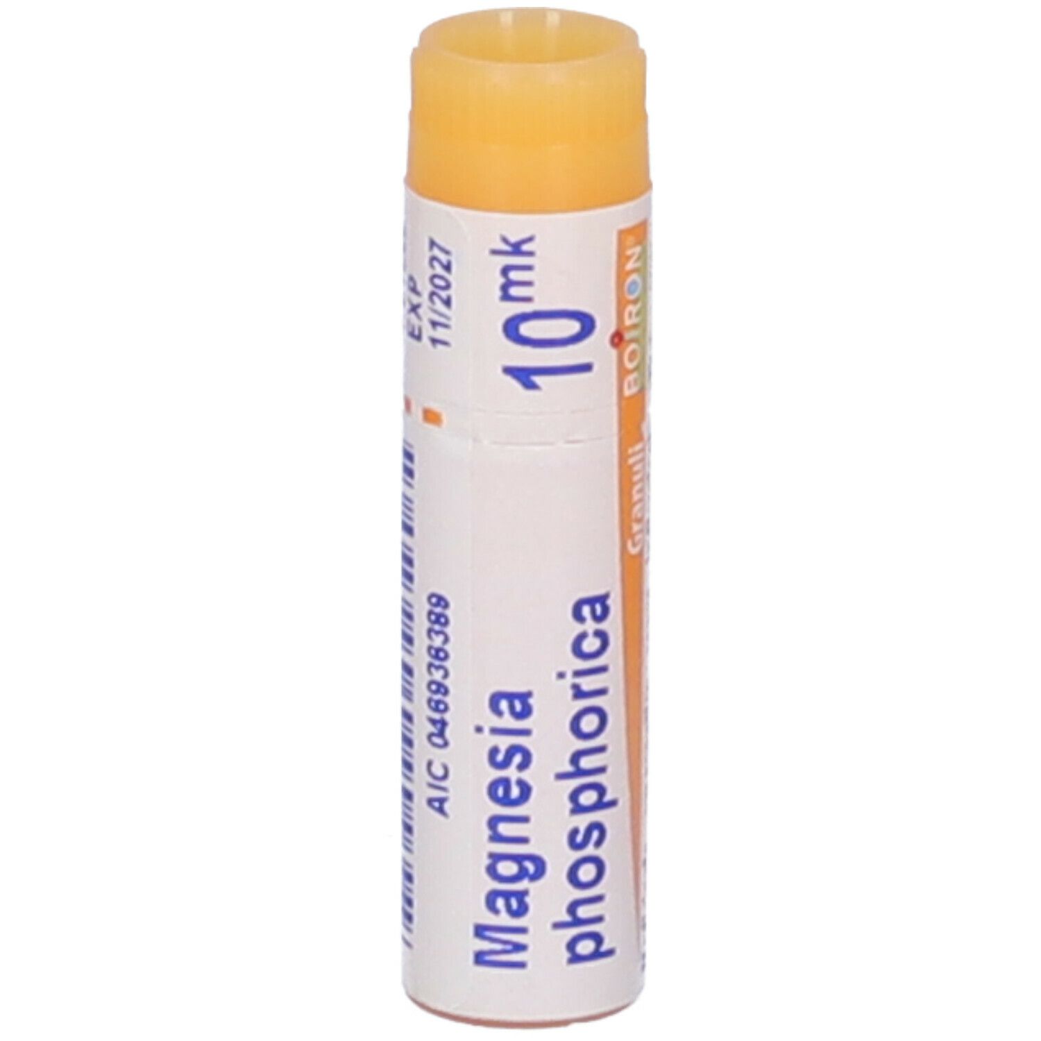 Confezione cilindrica con "Magnesia phosphorica 10 mk Granuli" e logo Boiron. Tappo arancione.