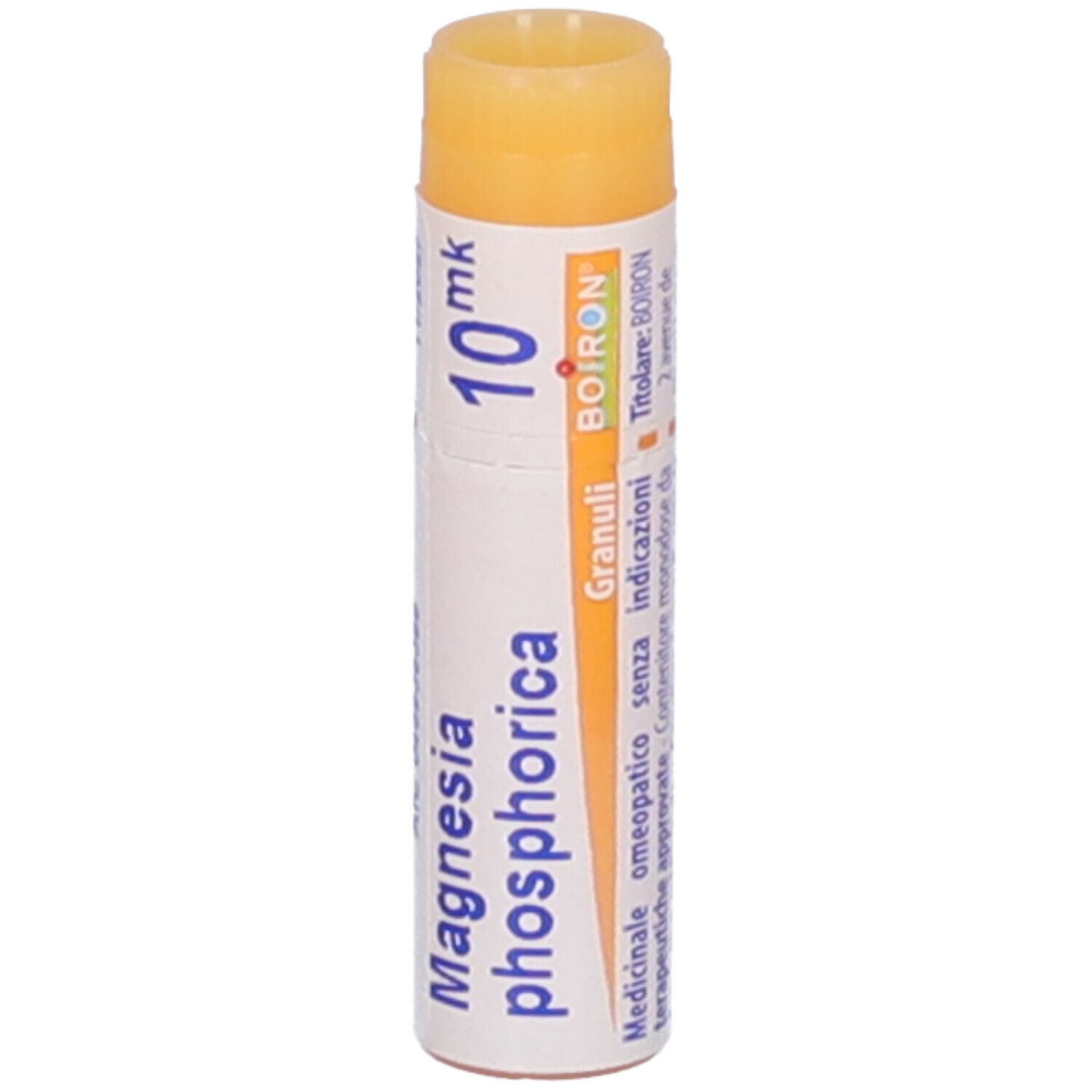 Confezione cilindrica con "Magnesia phosphorica 10 mk Granuli" e logo Boiron. Tappo arancione.