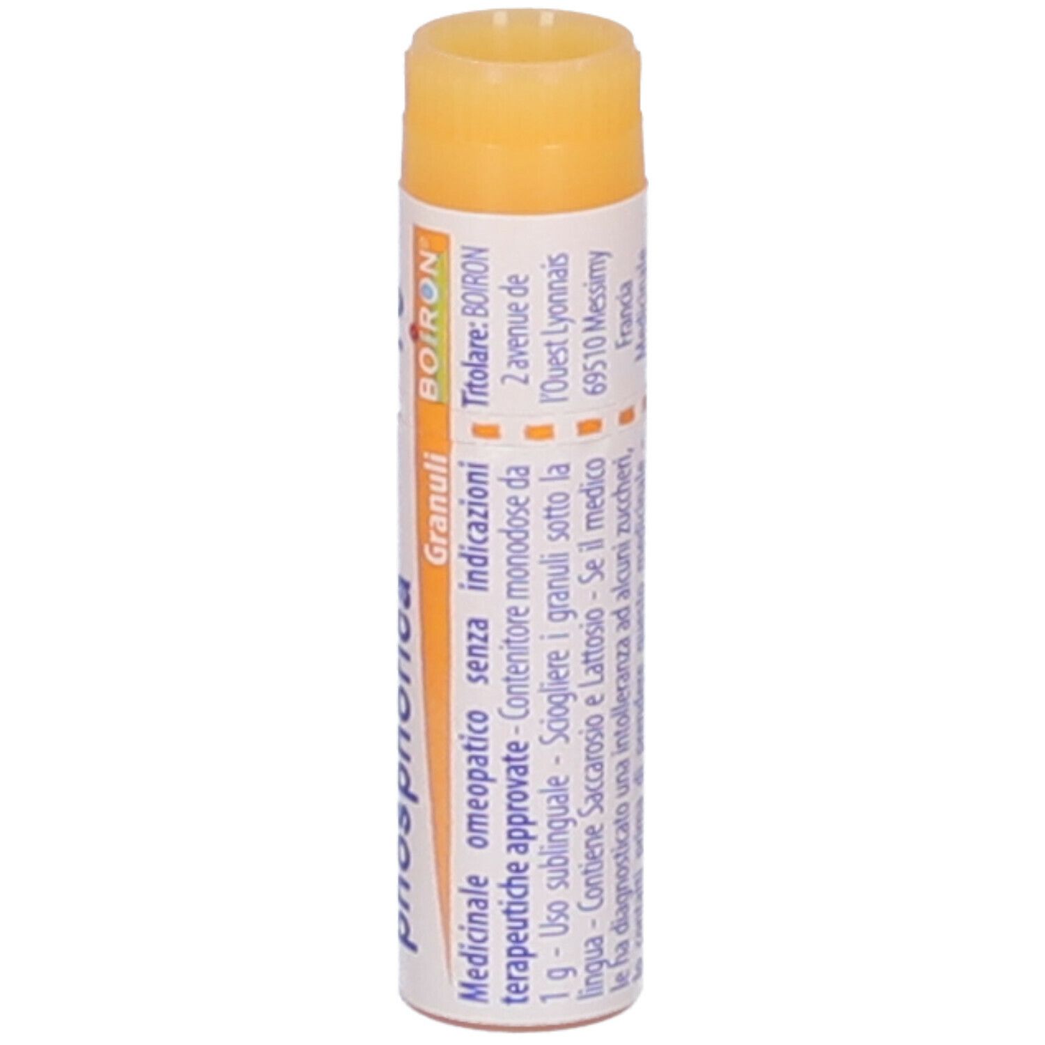 Confezione cilindrica con "Magnesia phosphorica" e logo Boiron. Tappo arancione. Testo in italiano.