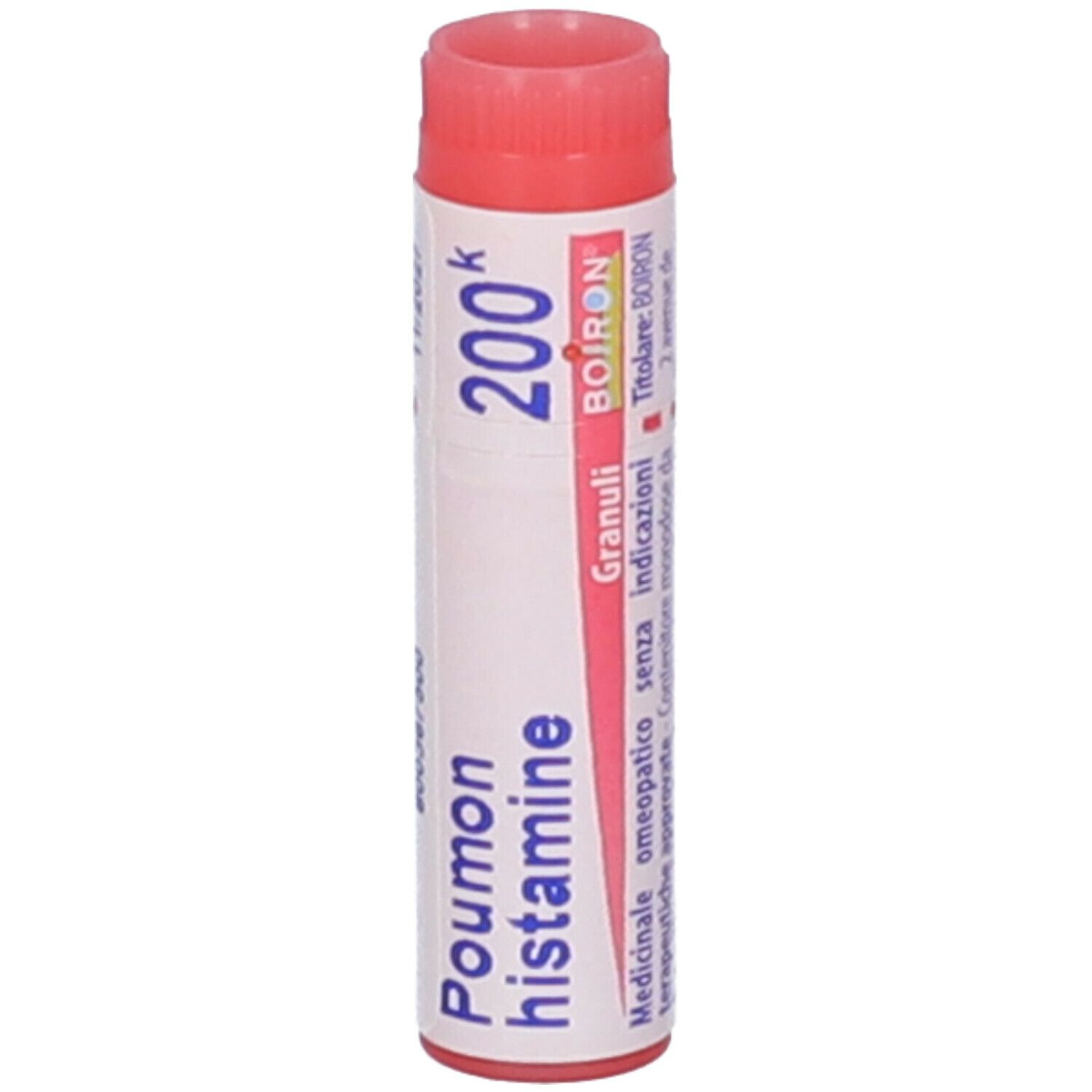 Tubo cilindrico, tappo rosso. Scritta: Poumon histamine, 200k, Granuli, Boiron.