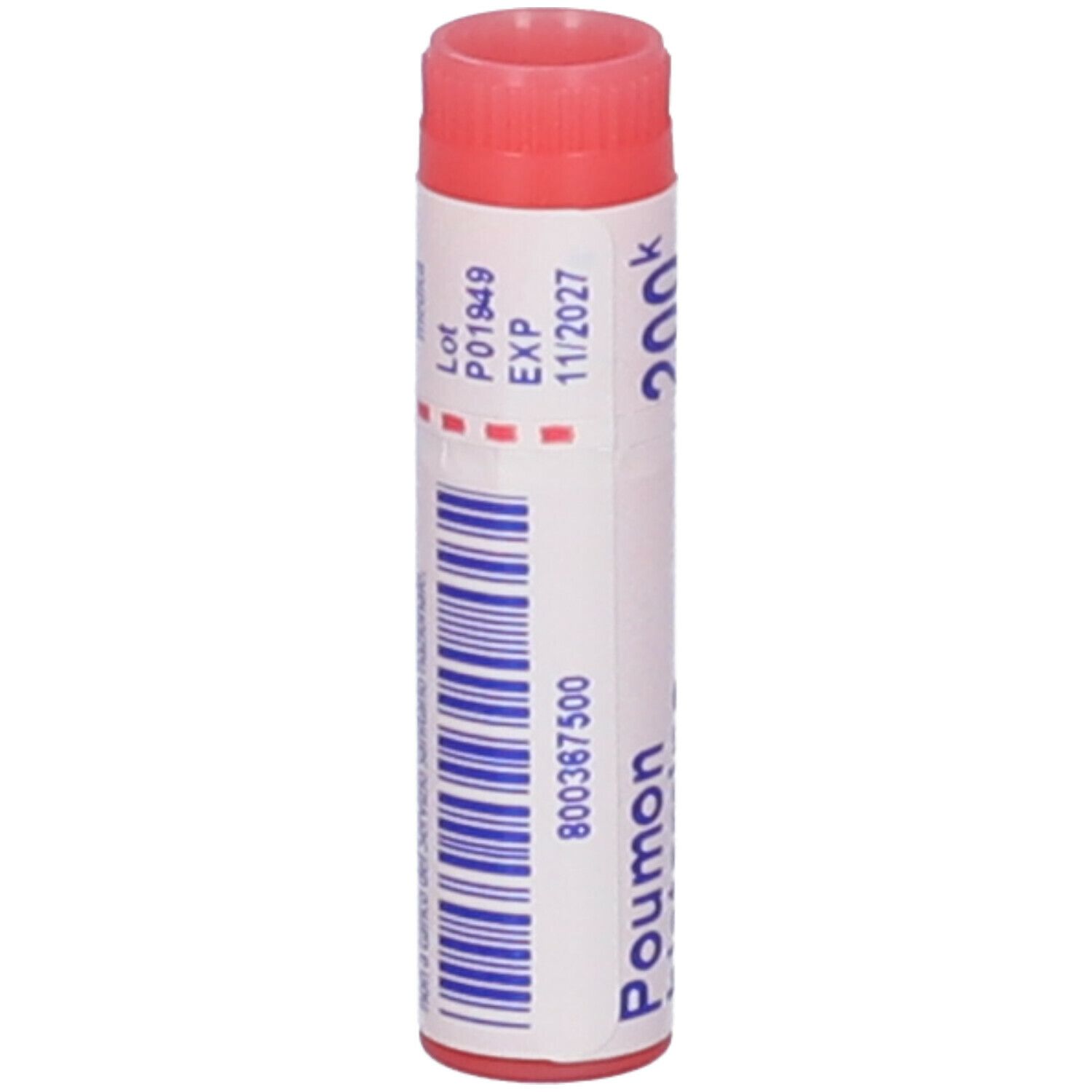 Tubo cilindrico, tappo rosso. Scritta: Poumon histamine, 200k, EXP 11/2027, Boiron.