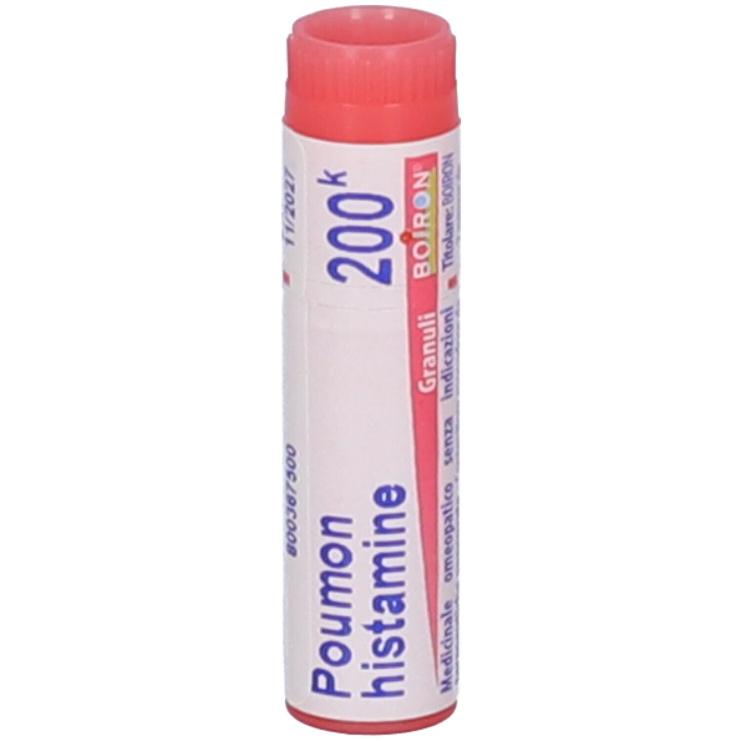 Tubo cilindrico, tappo rosso. Scritta: Poumon histamine, 200k, EXP 11/2027, Boiron.