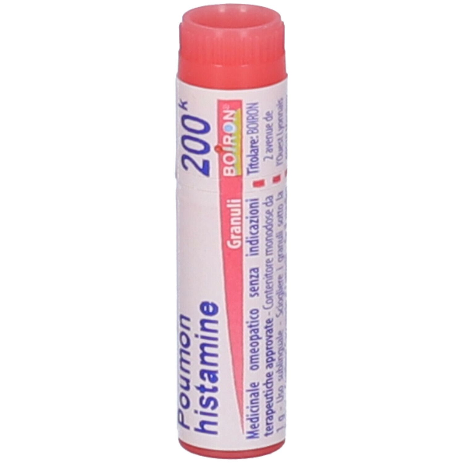 Tubo cilindrico, tappo rosso. Scritta: Poumon histamine, 200k, Granuli, Boiron.
