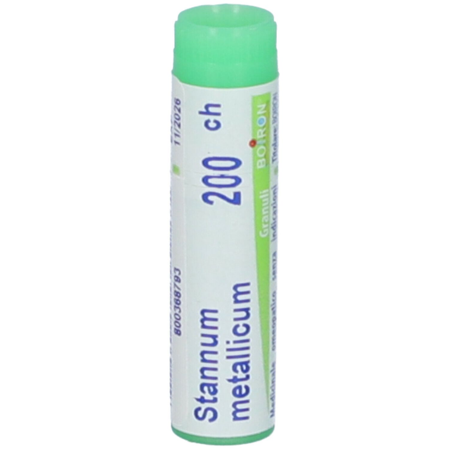 Confezione cilindrica con tappo verde. Scritta: Stannum metallicum 200 ch, BOIRON. Scadenza 11/2026.