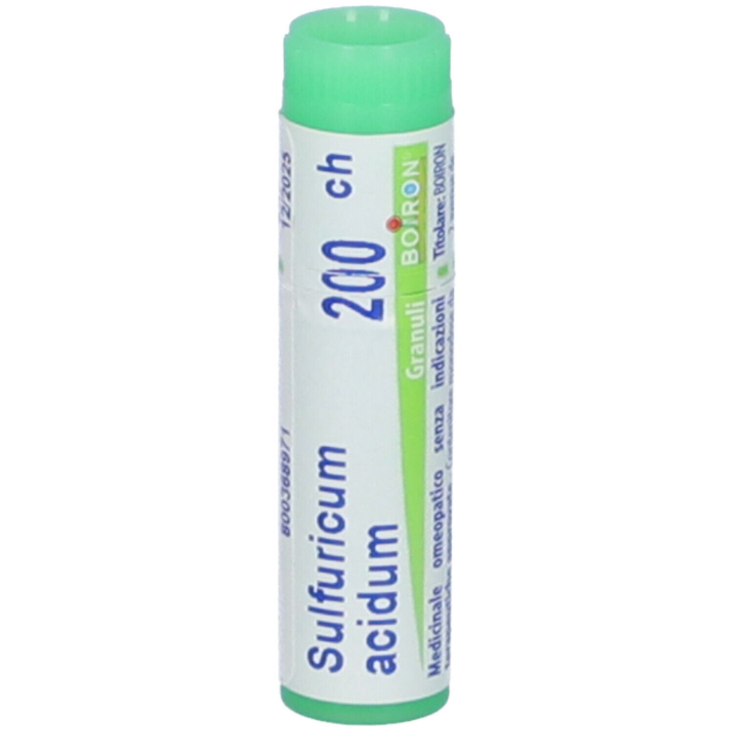 Confezione cilindrica, tappo verde. Scritta: Sulfuricum acidum 200 ch, BOIRON, Granuli.