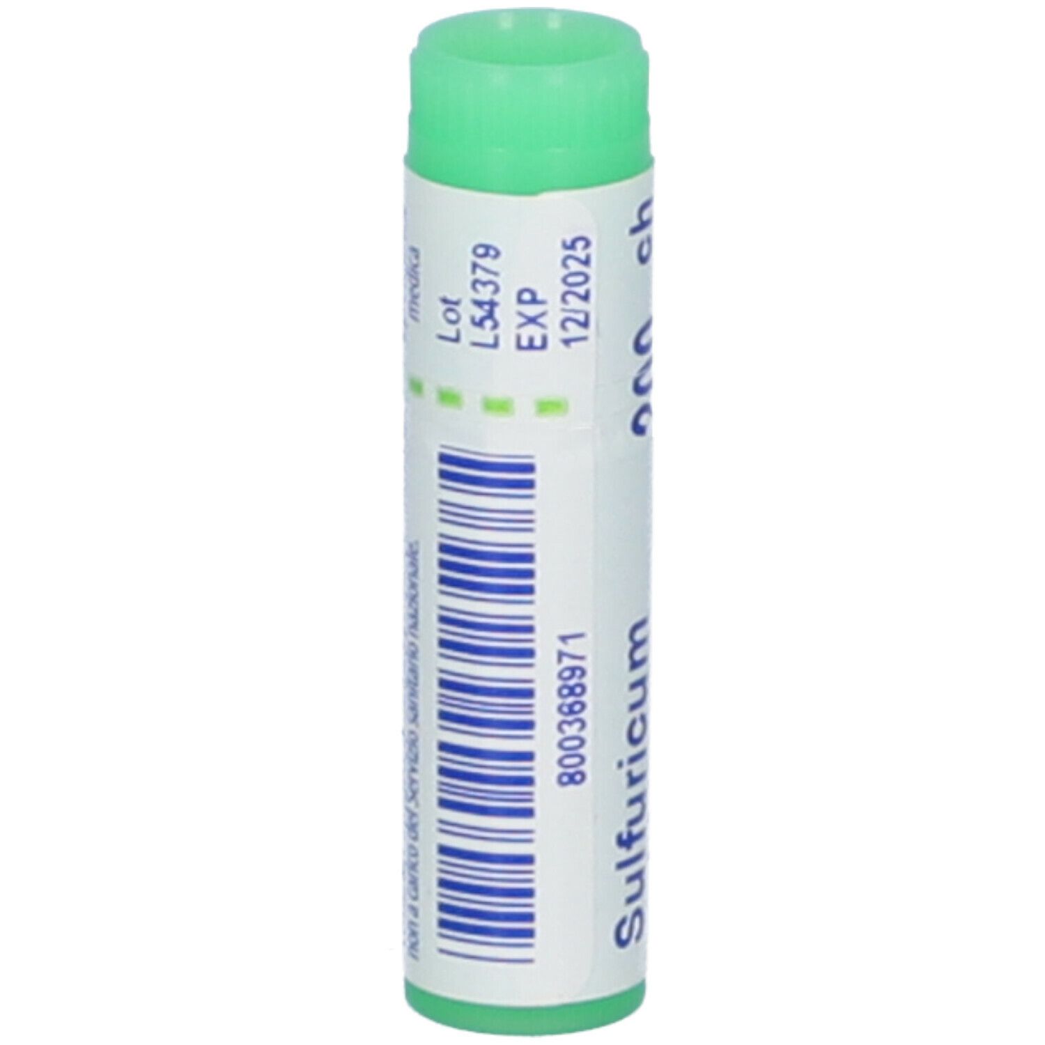Confezione cilindrica, tappo verde. Scritta: Sulfuricum acidum, Lot, EXP, codice a barre.