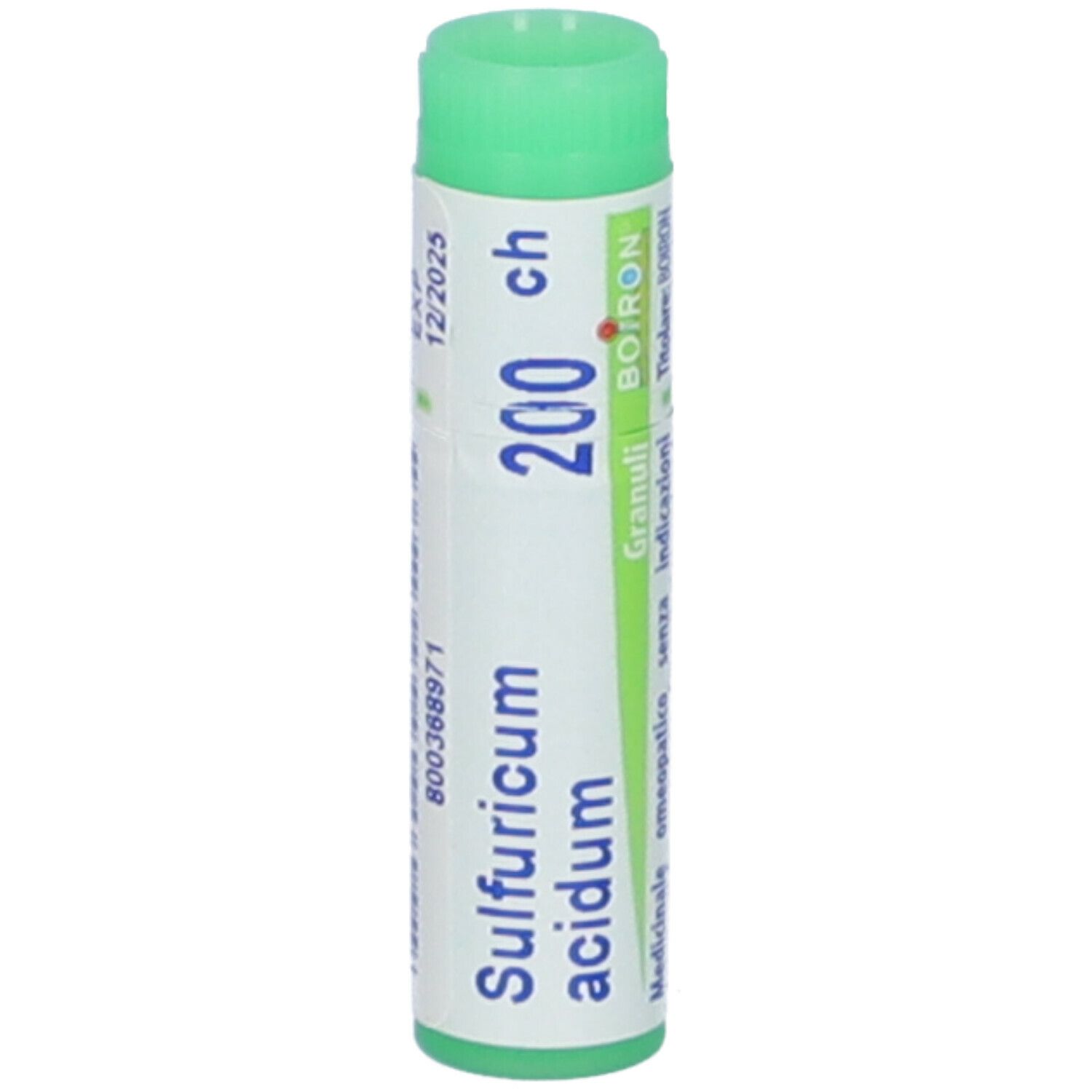 Confezione cilindrica, tappo verde. Scritta: Sulfuricum acidum 200 ch, BOIRON, Granuli.