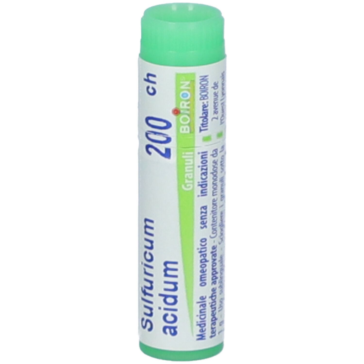 Confezione cilindrica, tappo verde. Scritta: Sulfuricum acidum 200 ch, BOIRON, Granuli.