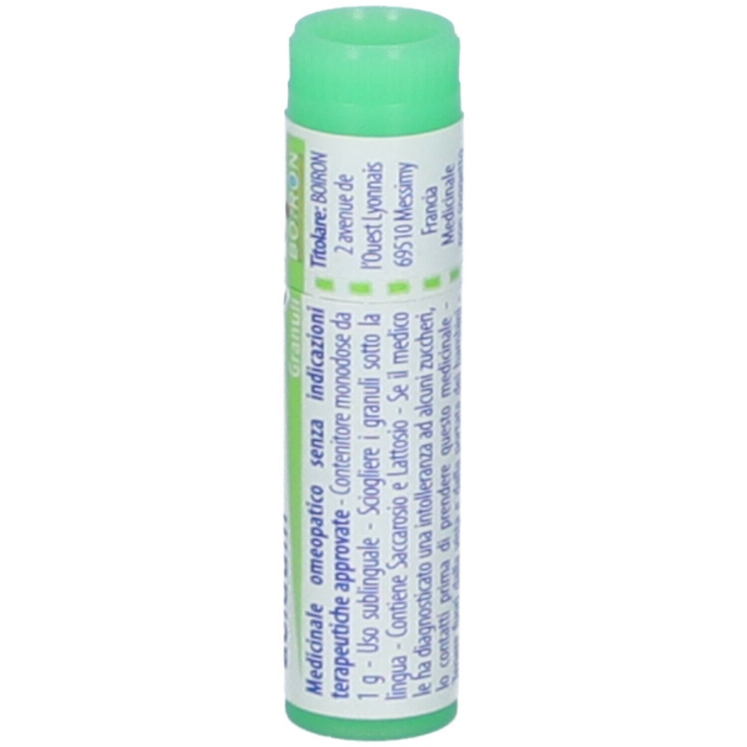 Confezione cilindrica, tappo verde. Scritta: BOIRON, indirizzo, indicazioni, Granuli.